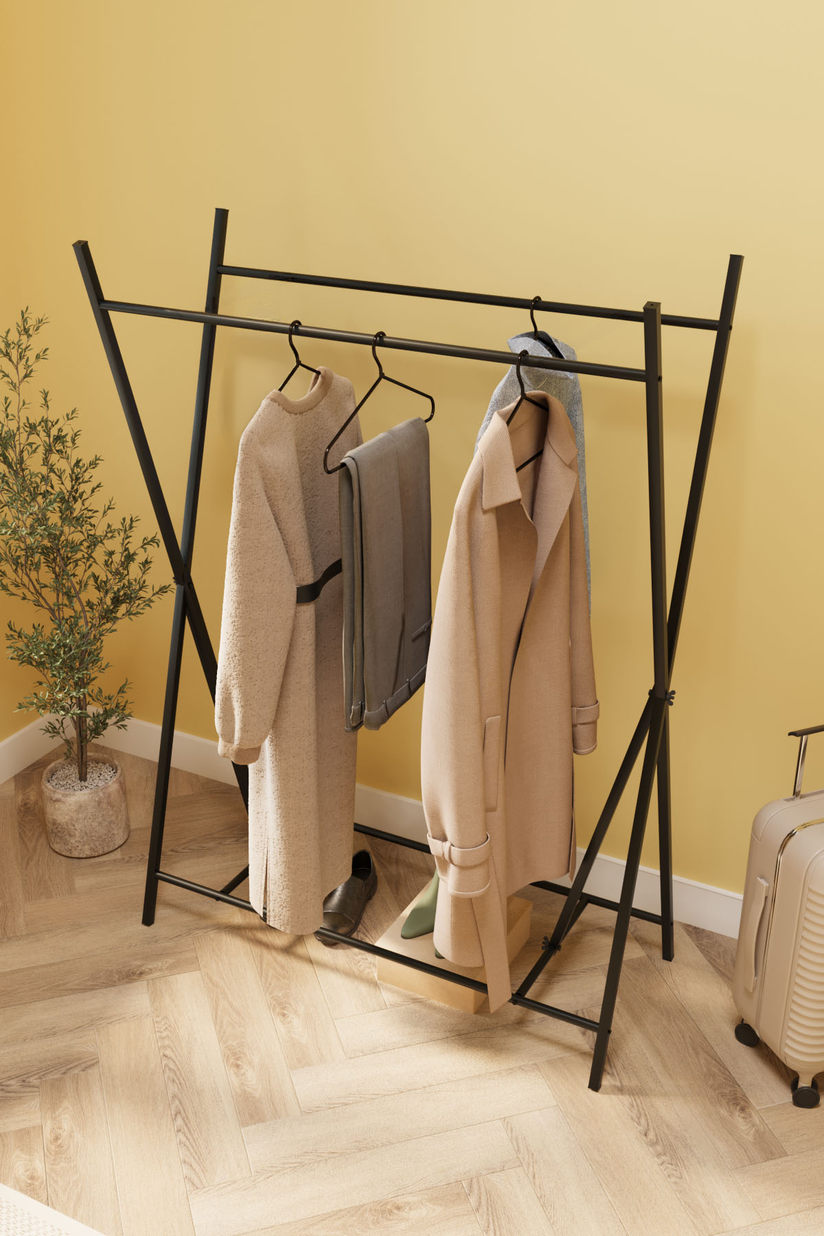 Bofigo Konfeksiyon Askısı Ayaklı Askılık Elbise Askılığı Raflı Askılık Star Siyah