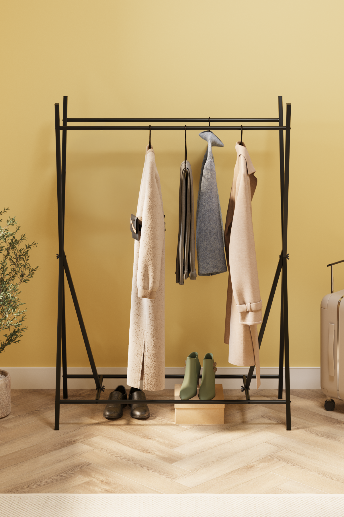 Bofigo Konfeksiyon Askısı Ayaklı Askılık Elbise Askılığı Raflı Askılık Star Siyah