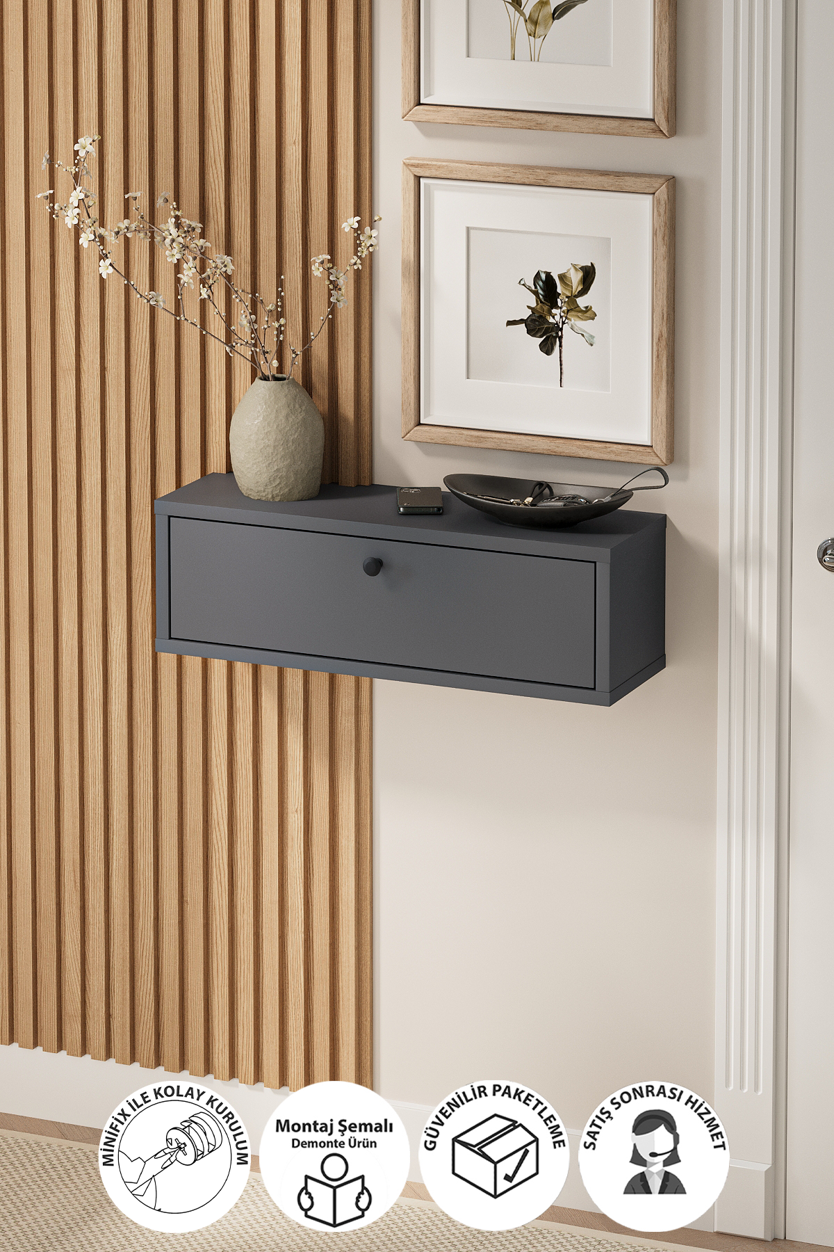 Bofigo Duvara Monte Dresuar Tek Bölmeli Dresuar Kapaklı Konsol 60 Cm Antre Hol Sude Antrasit