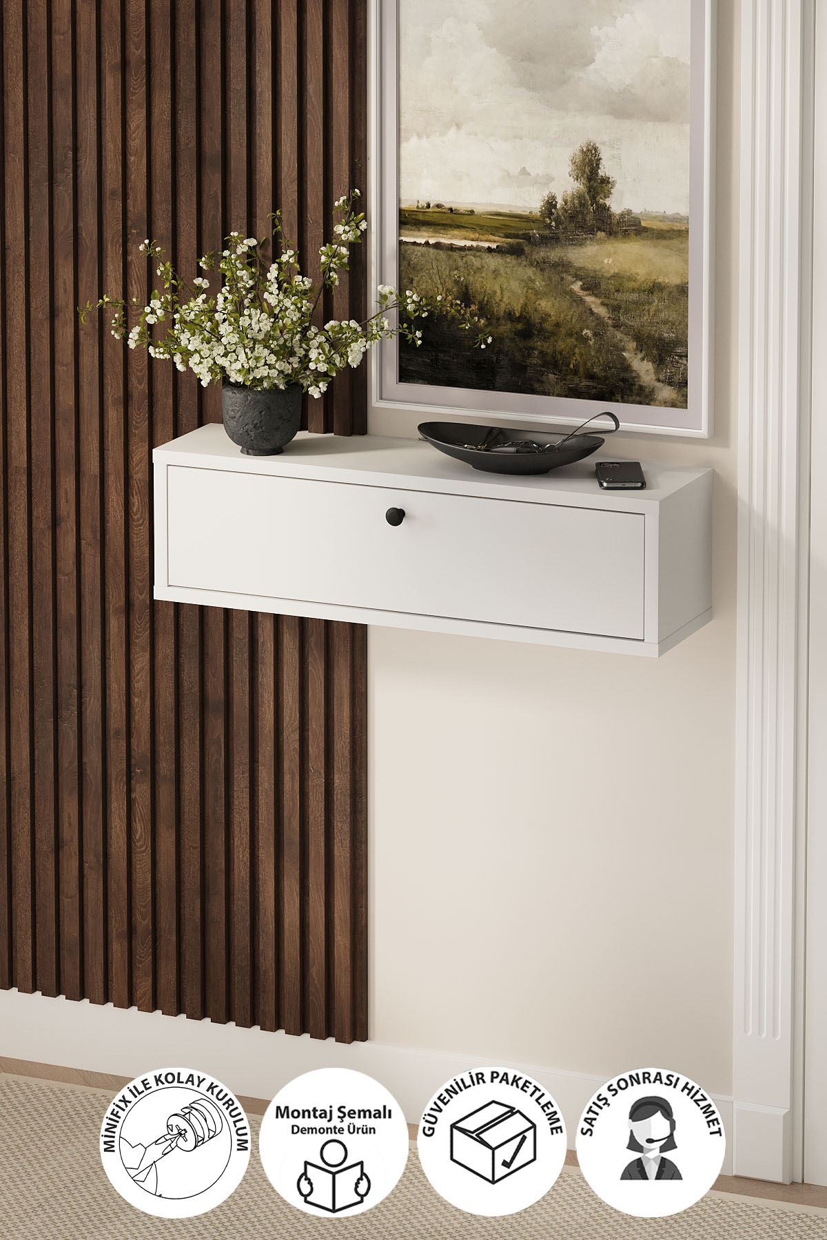 Bofigo Duvara Monte Dresuar Tek Bölmeli Dresuar Kapaklı Konsol 70 Cm Antre Hol Yağmur Beyaz