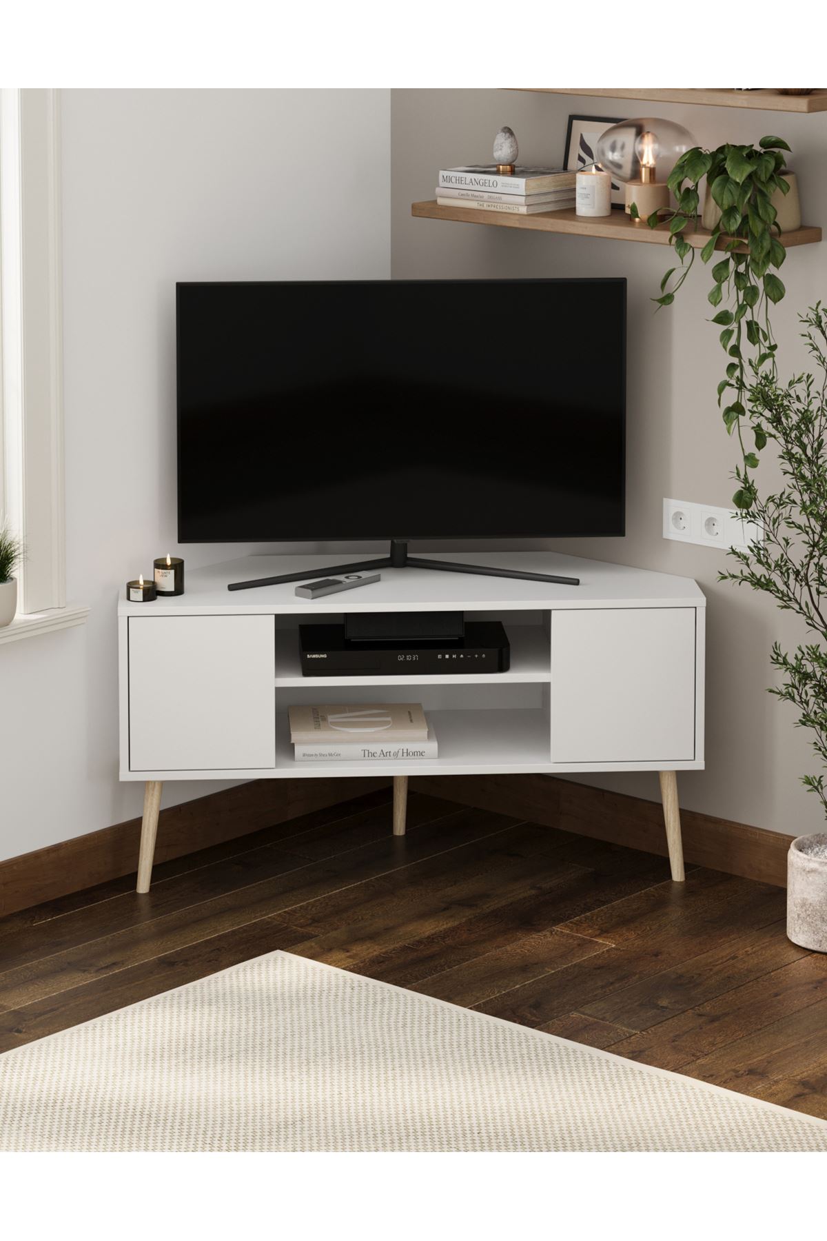 Bofigo TV Sehpası 2 Kapaklı Tv Sehpası Köşe TV Ünitesi Televizyon Sehpası Tv Sehpası Kıbrıs Beyaz