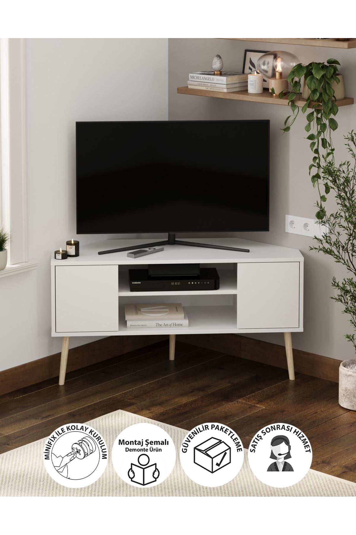 Bofigo TV Sehpası 2 Kapaklı Tv Sehpası Köşe TV Ünitesi Televizyon Sehpası Tv Sehpası Kıbrıs Beyaz