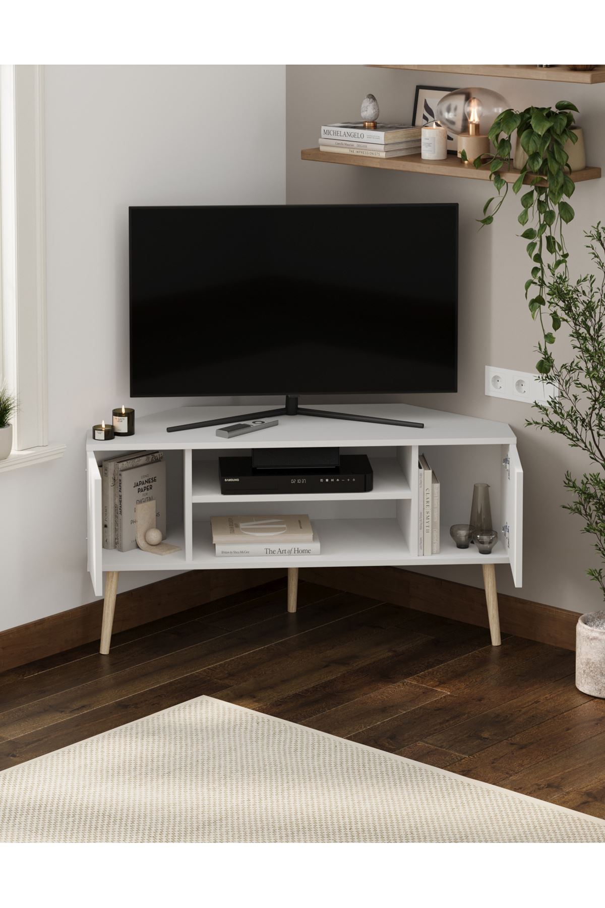 Bofigo TV Sehpası 2 Kapaklı Tv Sehpası Köşe TV Ünitesi Televizyon Sehpası Tv Sehpası Kıbrıs Beyaz