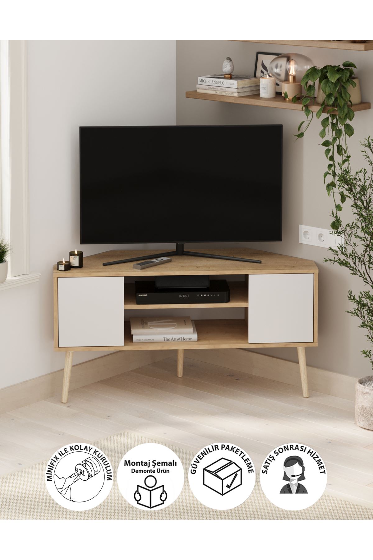 Bofigo TV Sehpası 2 Kapaklı Tv Sehpası Köşe TV Ünitesi Televizyon Sehpası Tv Sehpası Kıbrıs Safir Meşe Beyaz