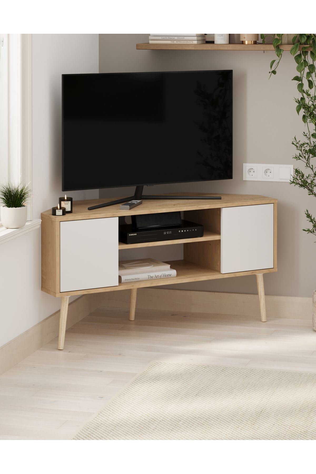 Bofigo TV Sehpası 2 Kapaklı Tv Sehpası Köşe TV Ünitesi Televizyon Sehpası Tv Sehpası Kıbrıs Safir Meşe Beyaz