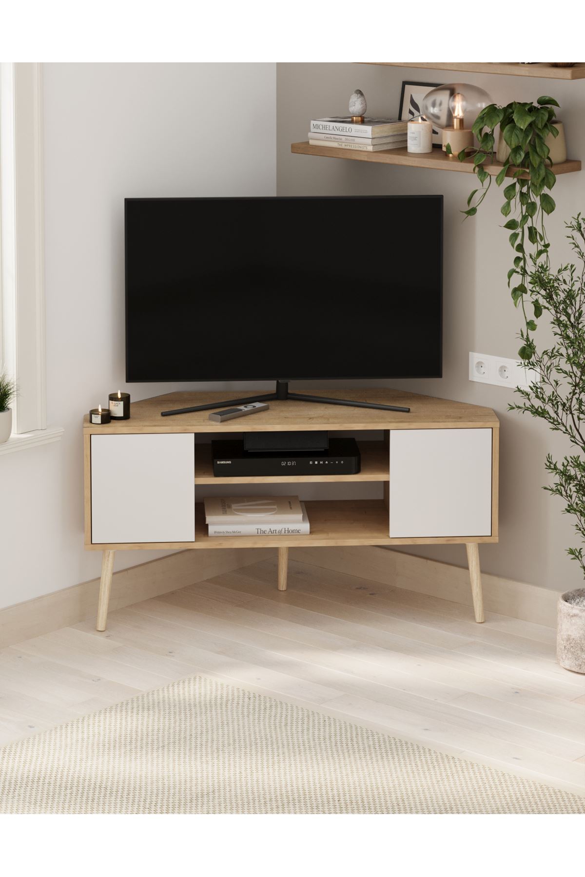 Bofigo TV Sehpası 2 Kapaklı Tv Sehpası Köşe TV Ünitesi Televizyon Sehpası Tv Sehpası Kıbrıs Safir Meşe Beyaz