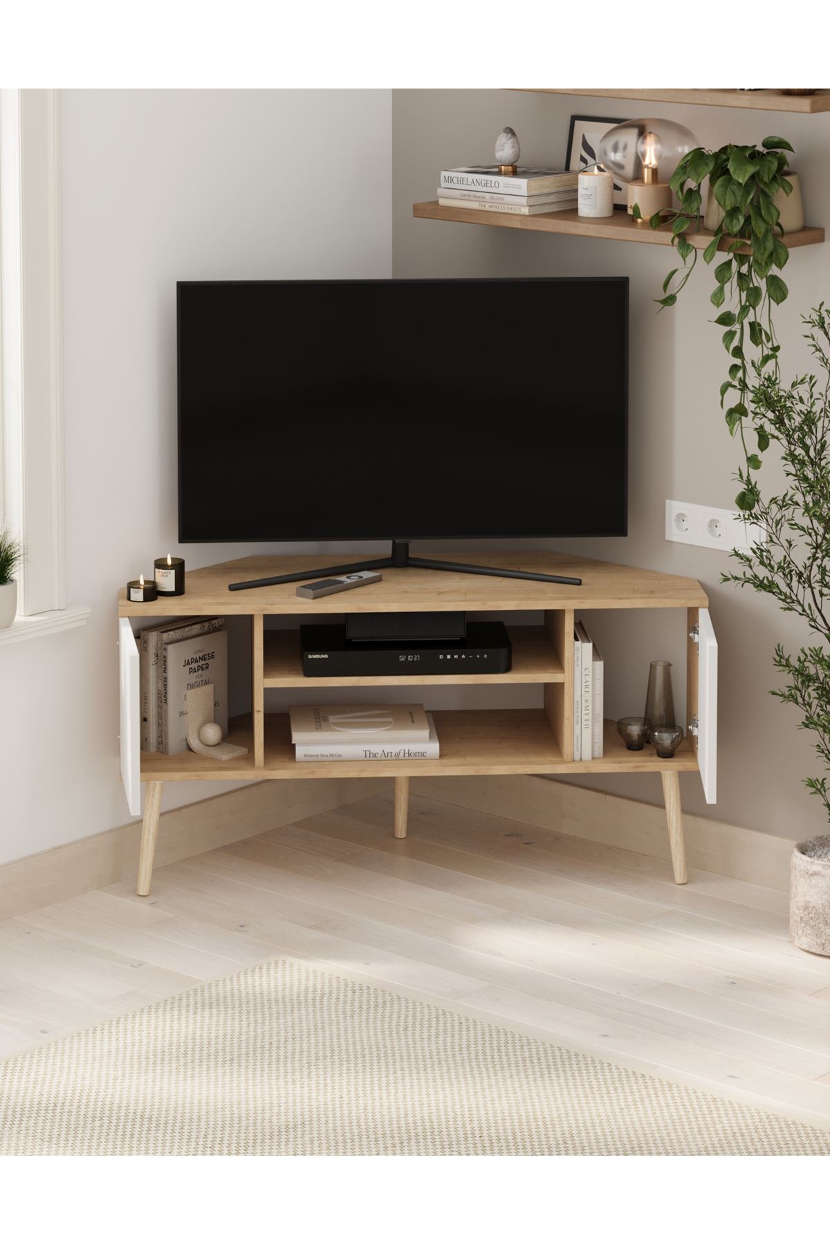 Bofigo TV Sehpası 2 Kapaklı Tv Sehpası Köşe TV Ünitesi Televizyon Sehpası Tv Sehpası Kıbrıs Safir Meşe Beyaz