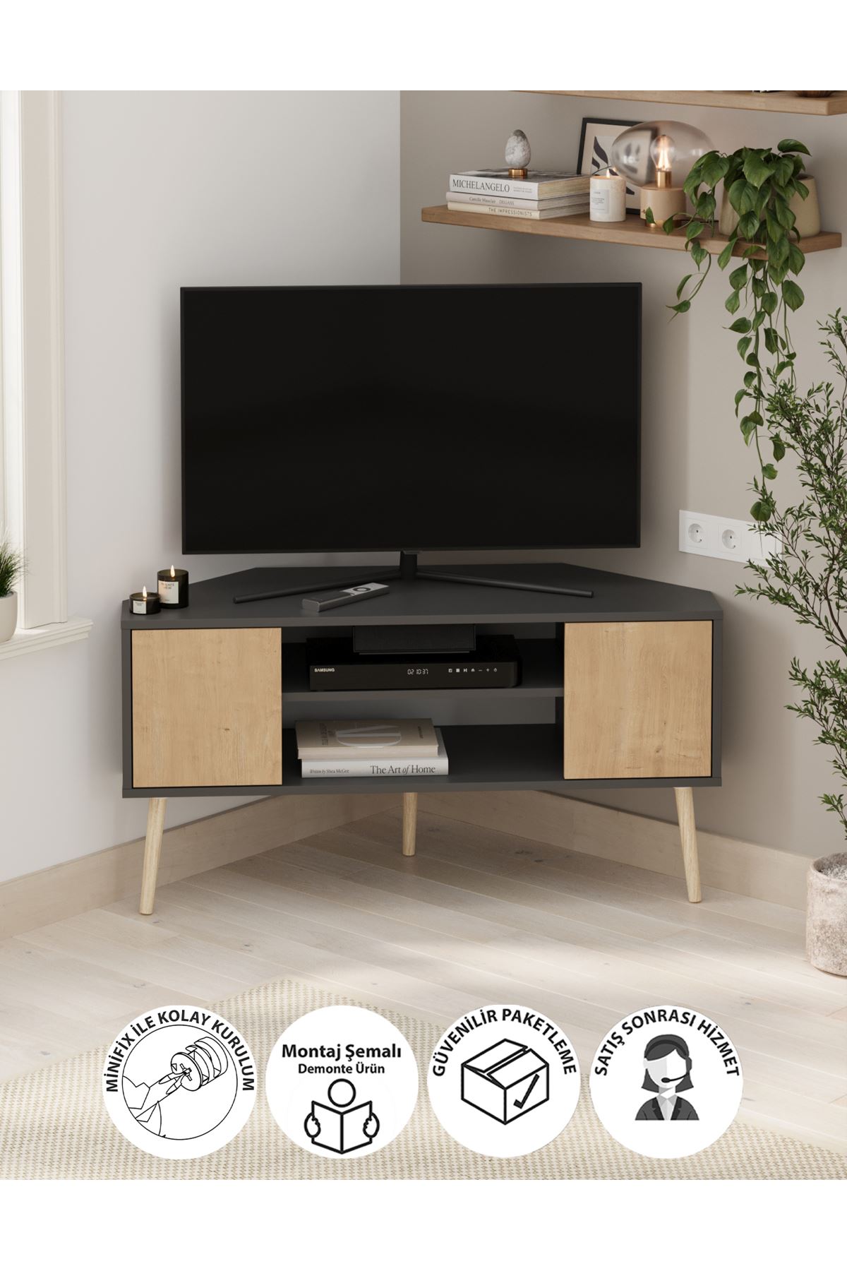 Bofigo TV Sehpası 2 Kapaklı Tv Sehpası Köşe TV Ünitesi Televizyon Sehpası Tv Sehpası Kıbrıs Safir Meşe Antrasit