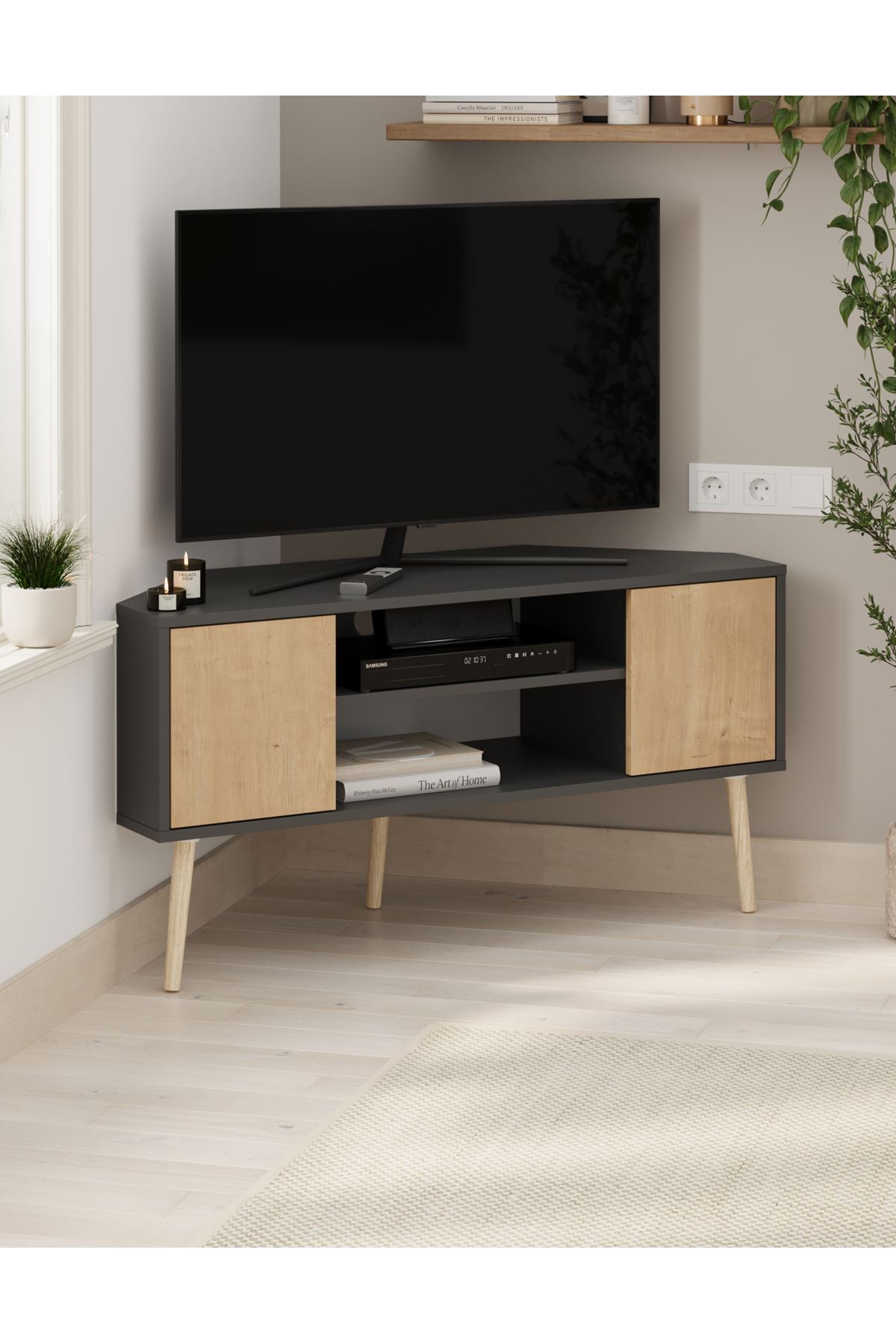 Bofigo TV Sehpası 2 Kapaklı Tv Sehpası Köşe TV Ünitesi Televizyon Sehpası Tv Sehpası Kıbrıs Safir Meşe Antrasit