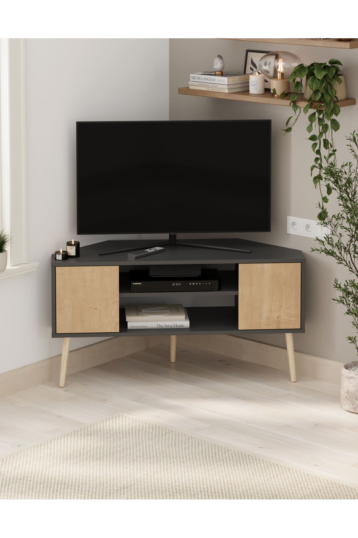 Bofigo TV Sehpası 2 Kapaklı Tv Sehpası Köşe TV Ünitesi Televizyon Sehpası Tv Sehpası Kıbrıs Safir Meşe Antrasit