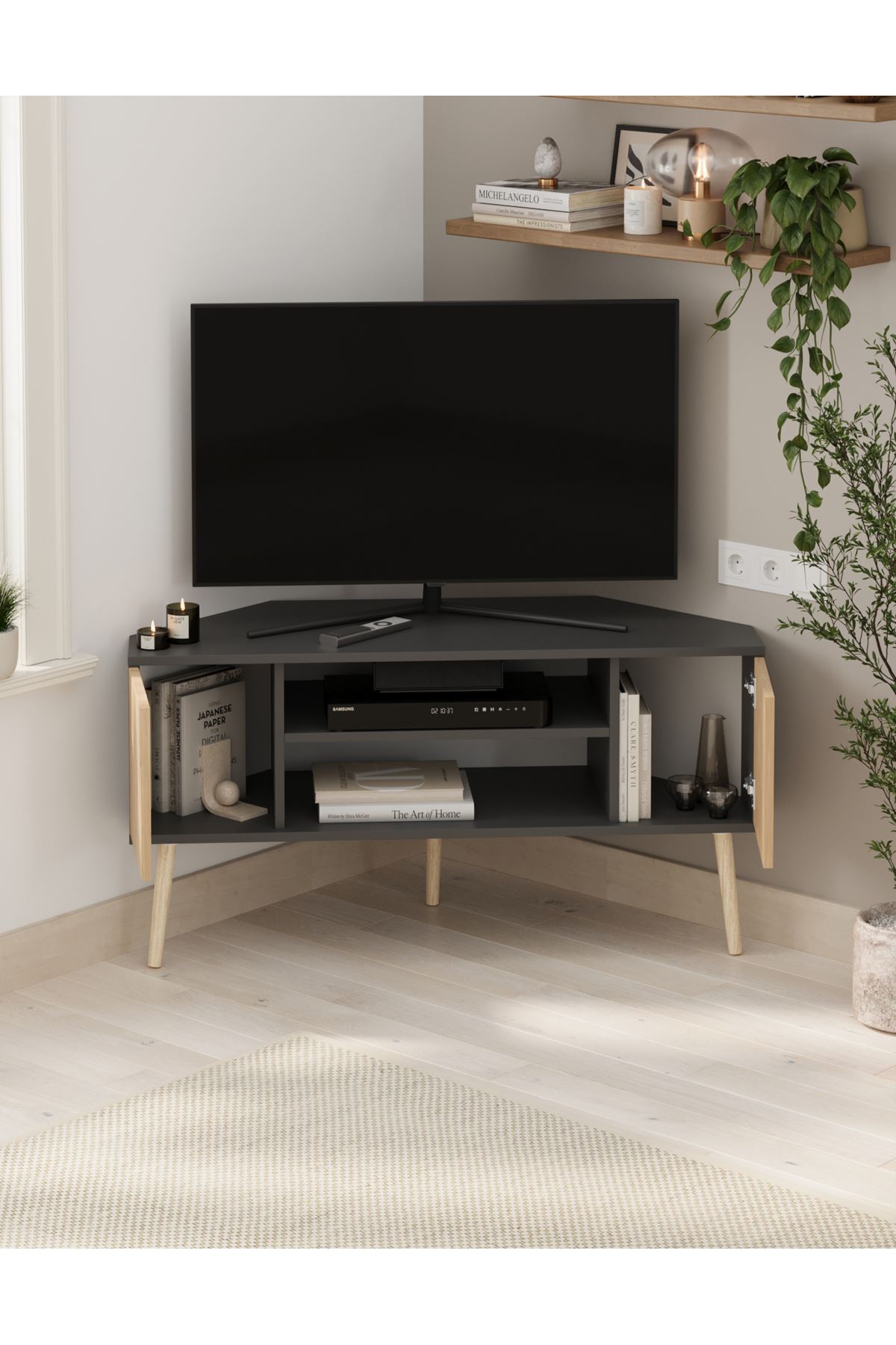 Bofigo TV Sehpası 2 Kapaklı Tv Sehpası Köşe TV Ünitesi Televizyon Sehpası Tv Sehpası Kıbrıs Safir Meşe Antrasit