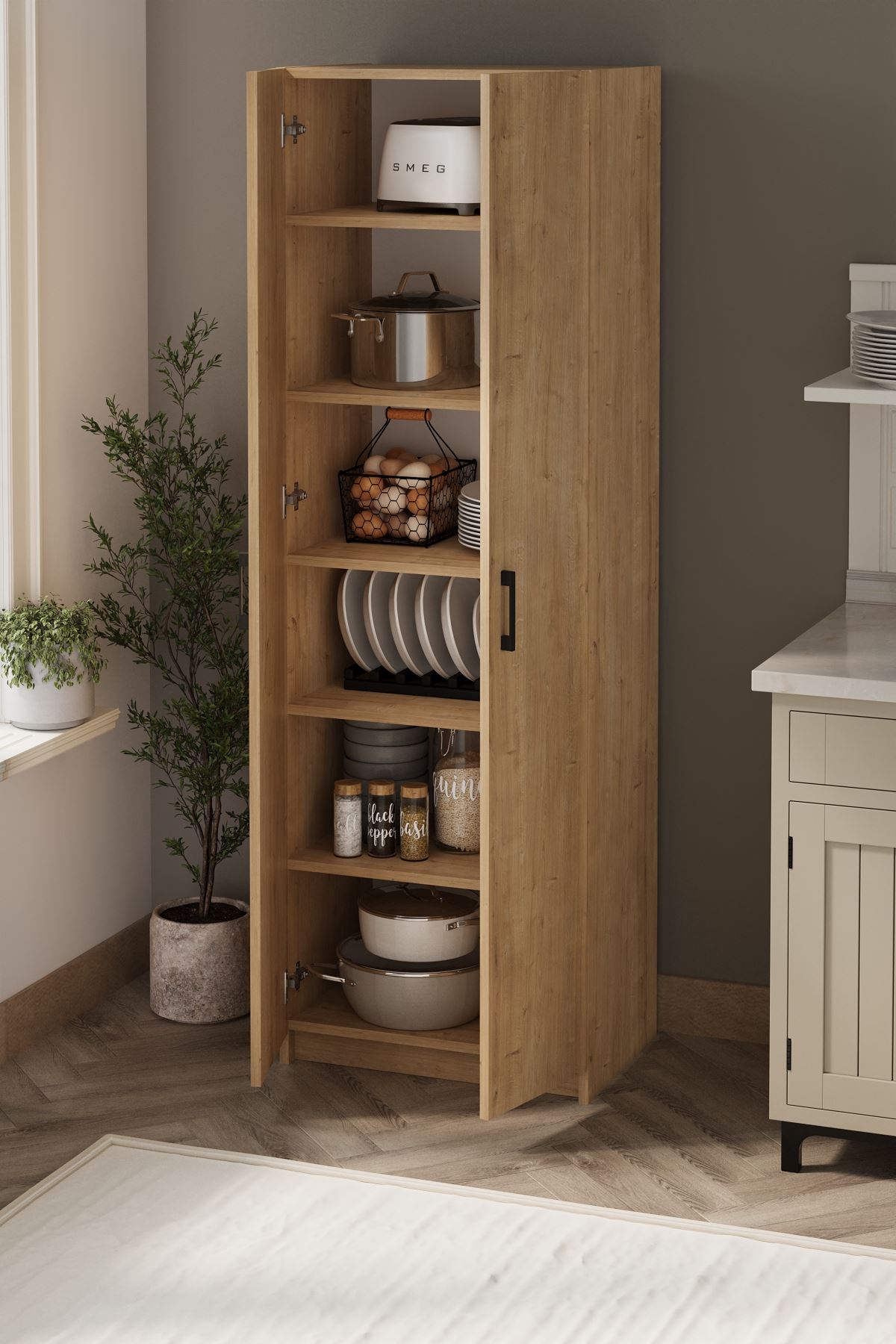 Bofigo 2 Kapaklı 6 Bölmeli Çok Amaçlı Dolap Çok Amaçlı Mutfak Dolabı Banyo Dolabı Yasemin Safir Meşe