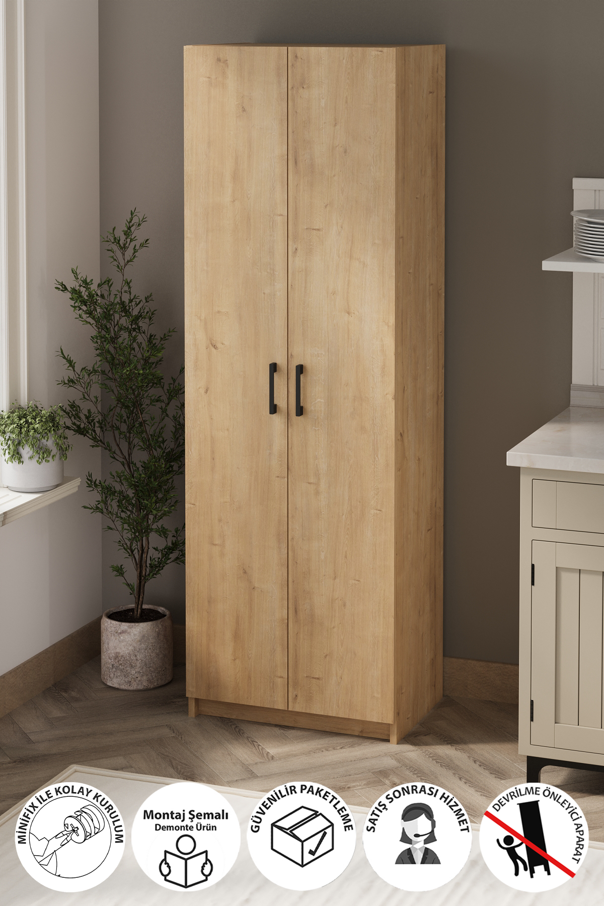 Bofigo 2 Kapaklı 6 Bölmeli Çok Amaçlı Dolap Çok Amaçlı Mutfak Dolabı Banyo Dolabı Yasemin Safir Meşe