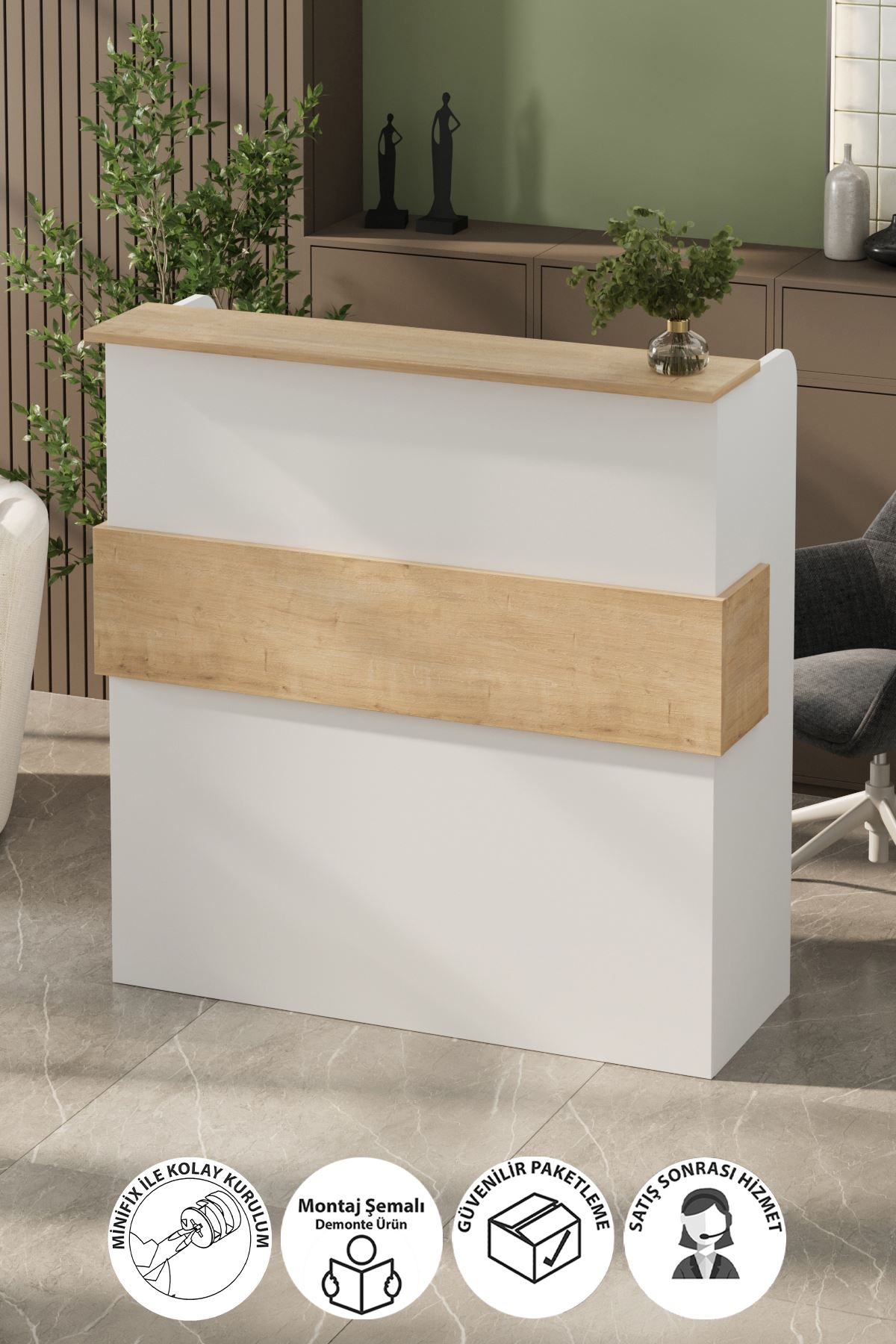 Bofigo Resepyion Masası Ofis Masası Karşılama Masası Karşılama Bankosu Safir Meşe Beyaz