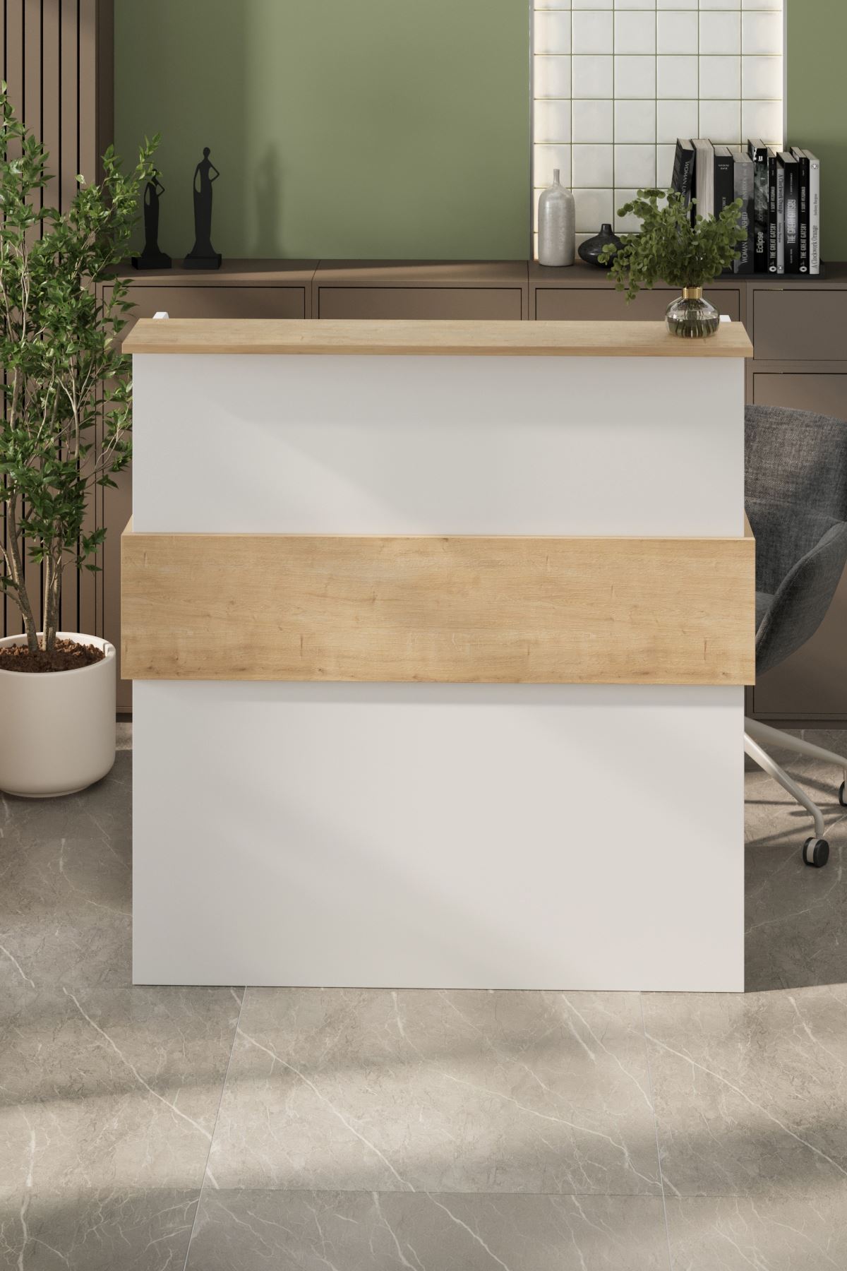 Bofigo Resepyion Masası Ofis Masası Karşılama Masası Karşılama Bankosu Safir Meşe Beyaz