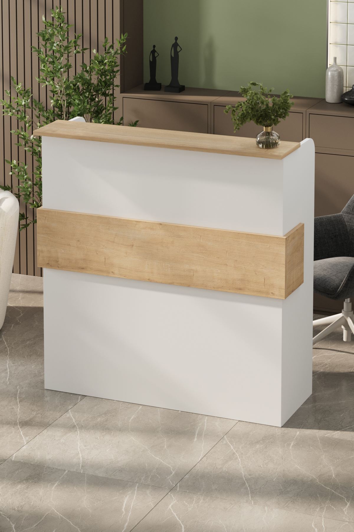 Bofigo Resepyion Masası Ofis Masası Karşılama Masası Karşılama Bankosu Safir Meşe Beyaz