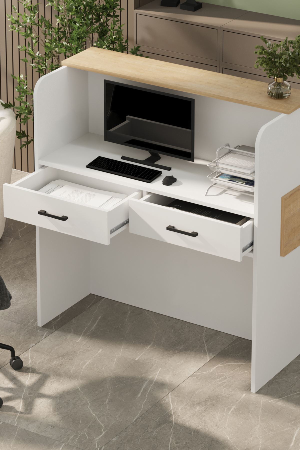 Bofigo Resepyion Masası Ofis Masası Karşılama Masası Karşılama Bankosu Safir Meşe Beyaz