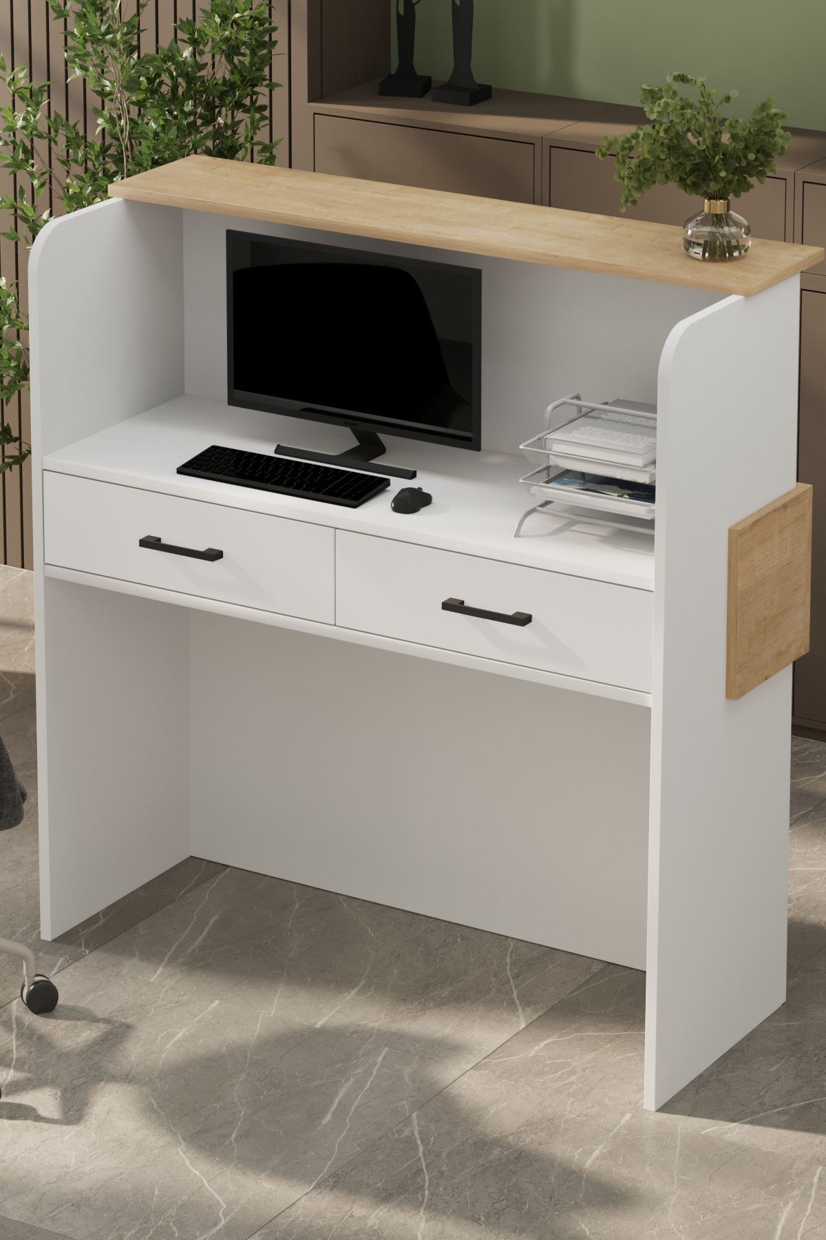 Bofigo Resepyion Masası Ofis Masası Karşılama Masası Karşılama Bankosu Safir Meşe Beyaz