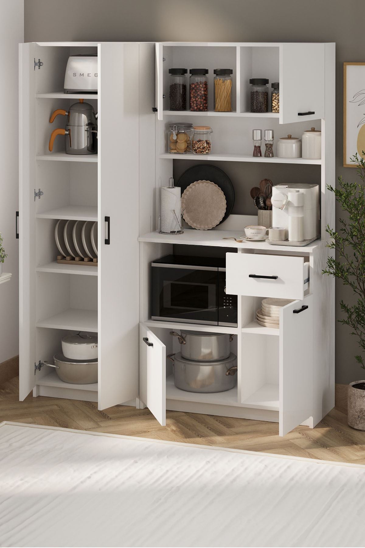 Bofigo 6 Kapaklı Çok Amaçlı Dolap Seti Modüler Mutfak Dolabı Erzak Dolabı Kiler Dolabı Aybüke & Yasemin Beyaz