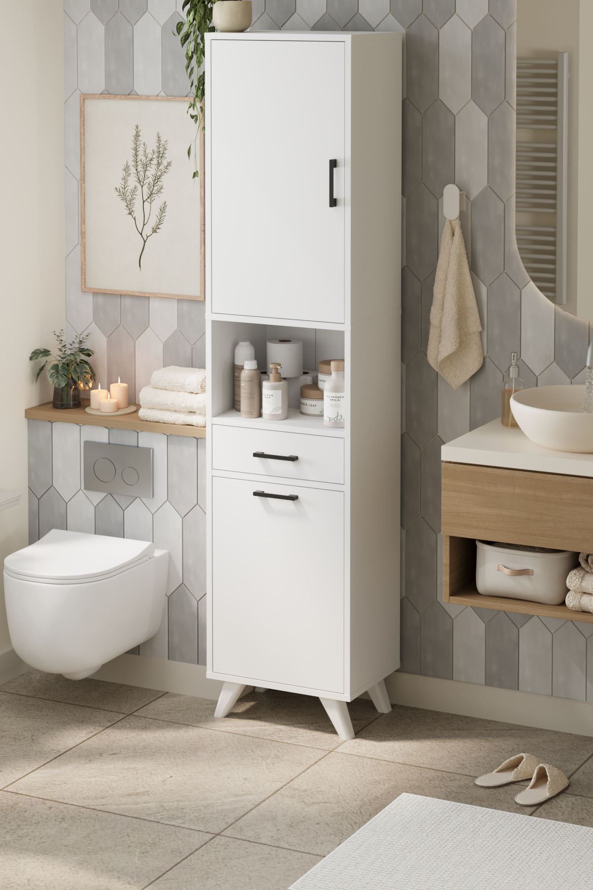 Bofigo Çok Amaçlı Dolap Banyo Dolabı Kirli Çamaşır Sepeti Dolabı Şelale Beyaz