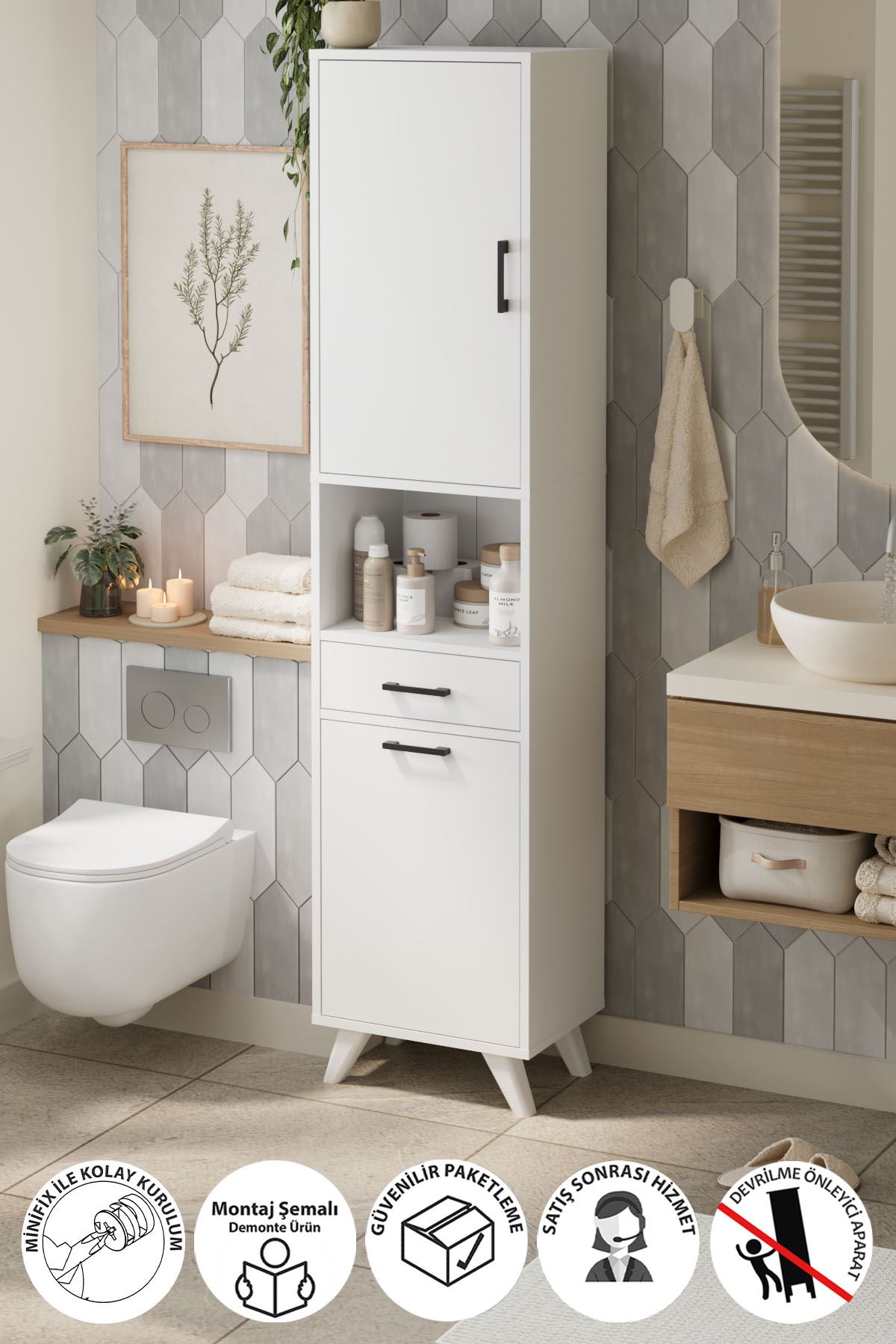 Bofigo Çok Amaçlı Dolap Banyo Dolabı Kirli Çamaşır Sepeti Dolabı Şelale Beyaz