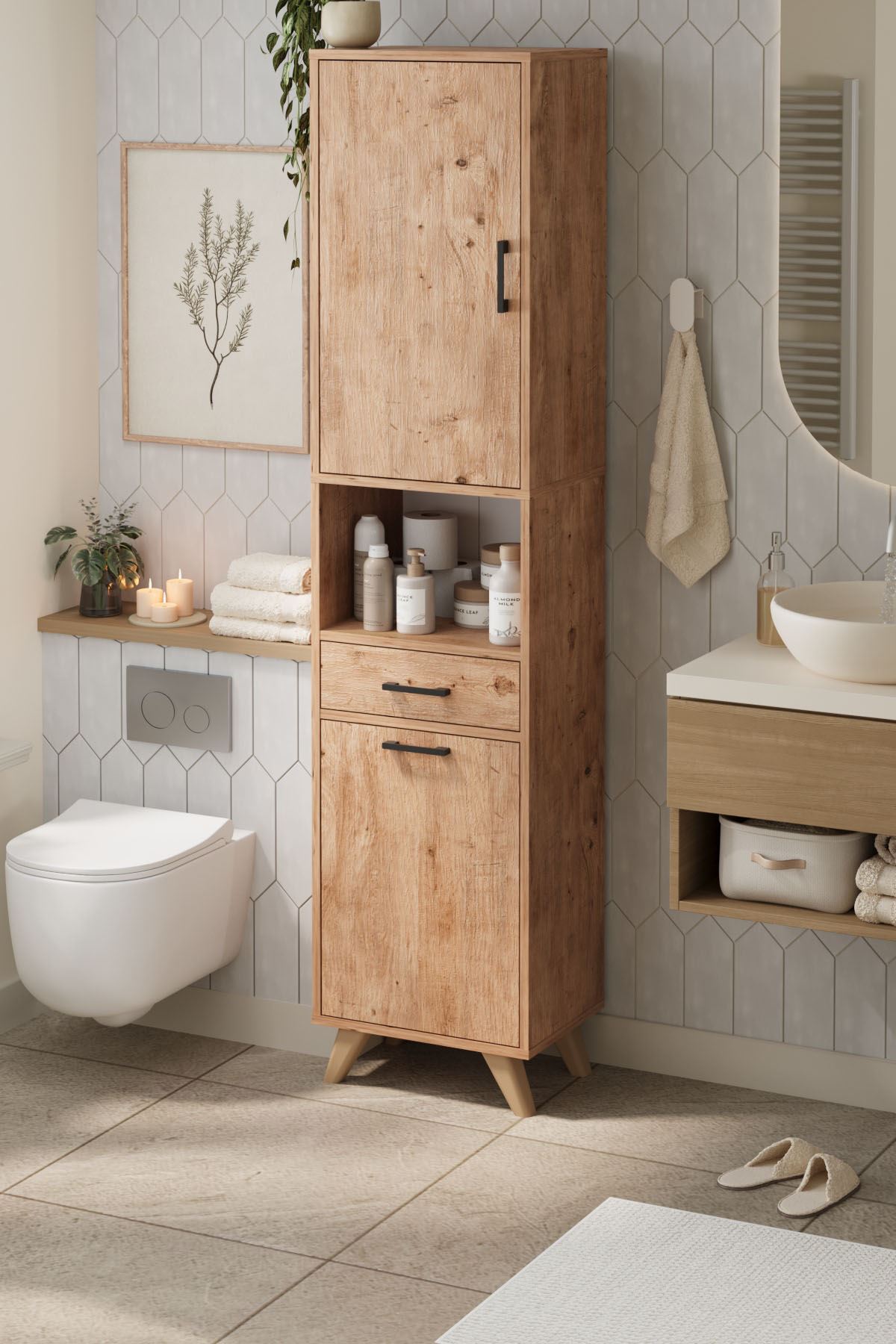 Bofigo Çok Amaçlı Dolap Banyo Dolabı Kirli Çamaşır Sepeti Dolabı Şelale Çam