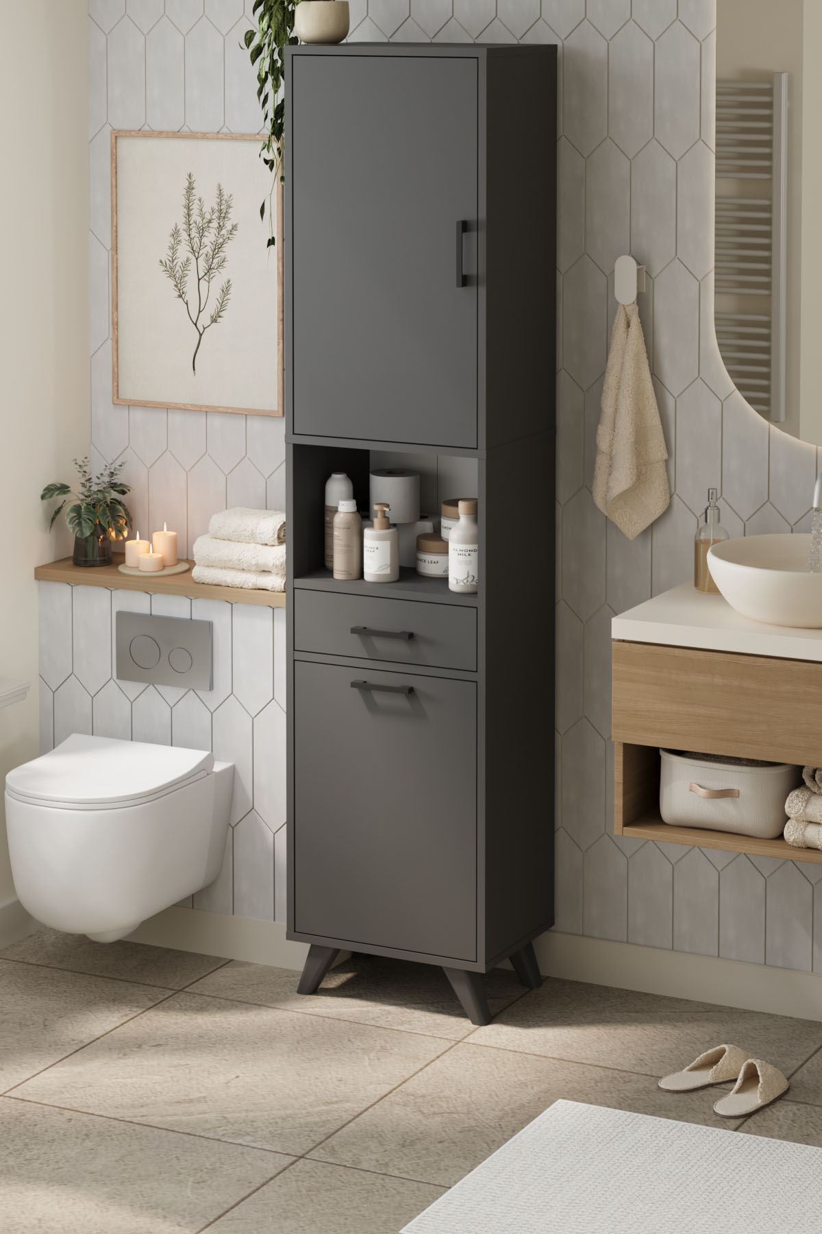 Bofigo Çok Amaçlı Dolap Banyo Dolabı Kirli Çamaşır Sepeti Dolabı Şelale Antrasit