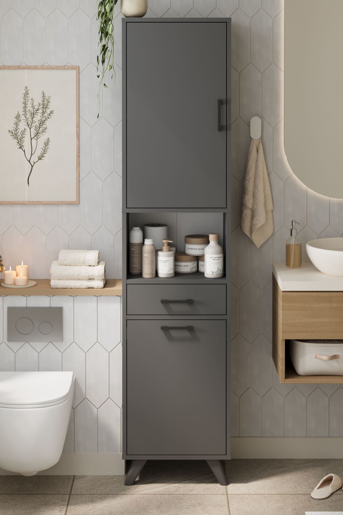 Bofigo Çok Amaçlı Dolap Banyo Dolabı Kirli Çamaşır Sepeti Dolabı Şelale Antrasit