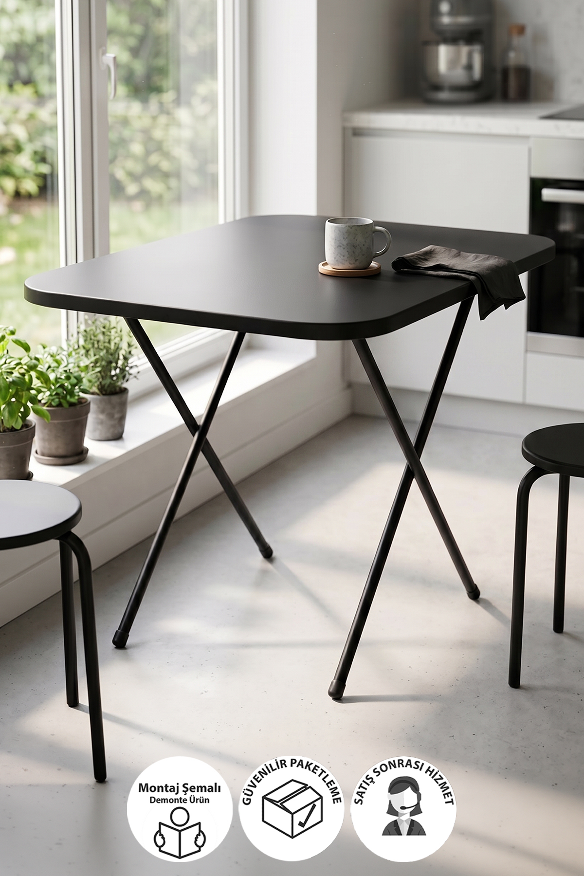 Bofigo Mutfak Masası Katlanır Masa Yemek Masası Balkon Masası GardenFlex Masa 60x80 Cm Siyah