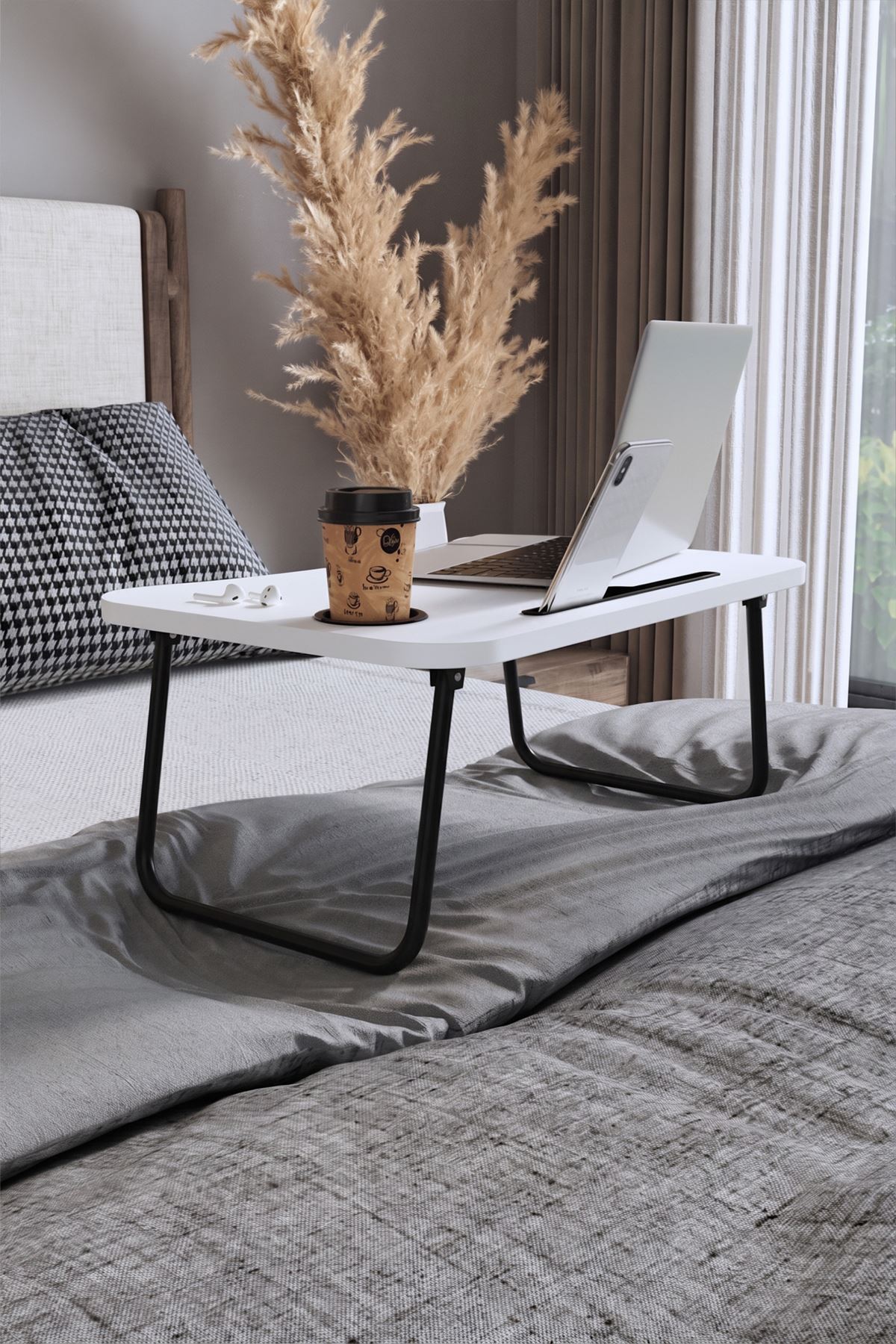 Bofigo Portatif Katlanır Laptop Sehpası Tablet Telefon Tutuculu Laptop Sehpası Beyaz
