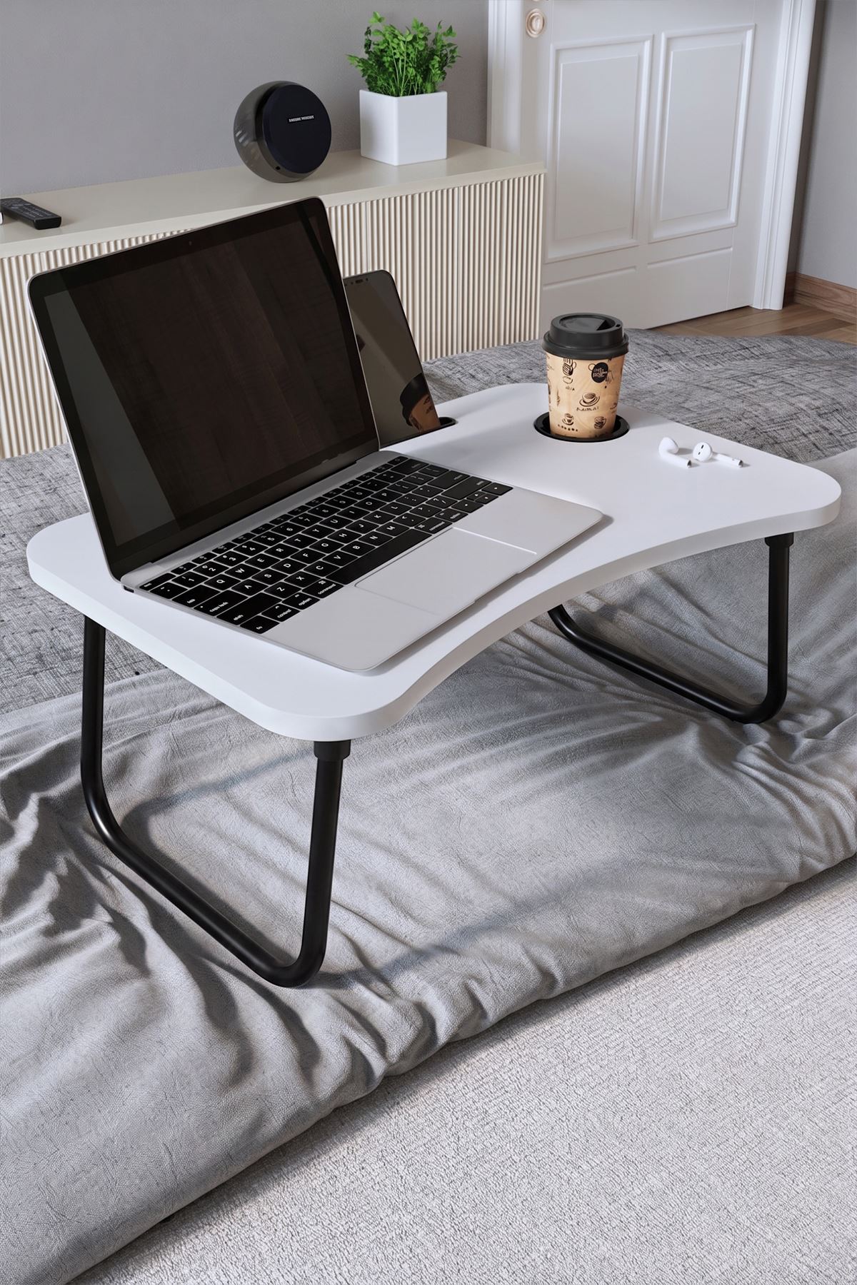Bofigo Portatif Katlanır Laptop Sehpası Tablet Telefon Tutuculu Laptop Sehpası Beyaz