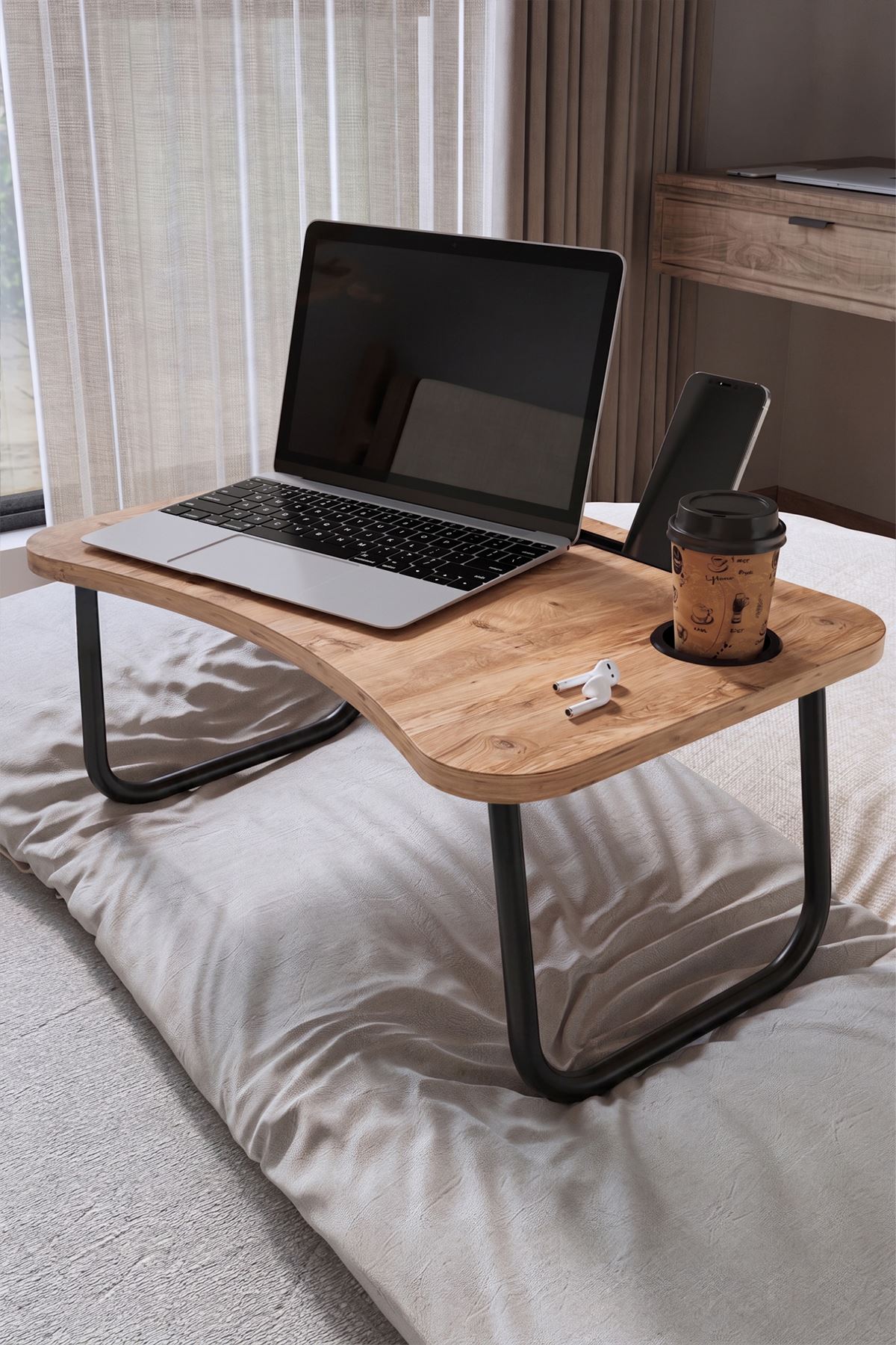 Bofigo Portatif Katlanır Laptop Sehpası Tablet Telefon Tutuculu Laptop Sehpası Çam