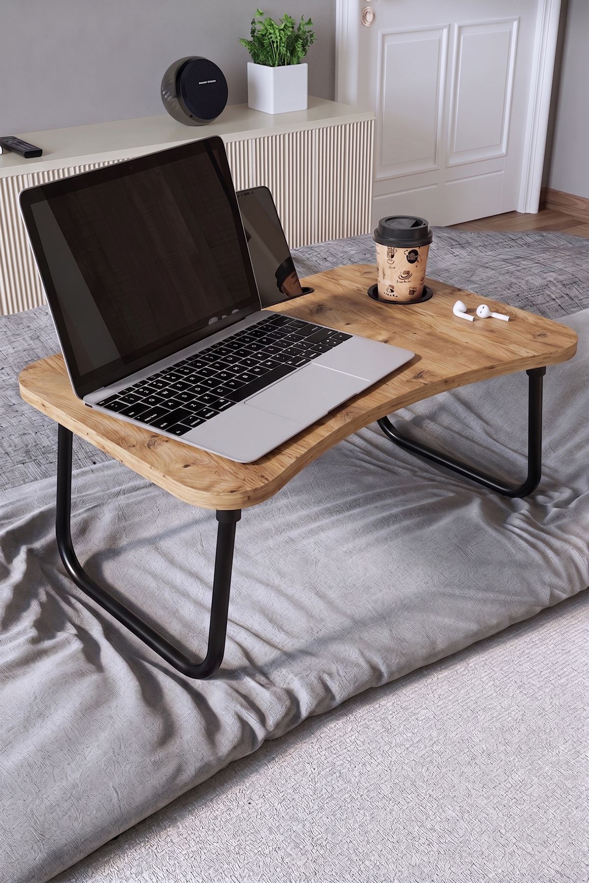 Bofigo Portatif Katlanır Laptop Sehpası Tablet Telefon Tutuculu Laptop Sehpası Çam