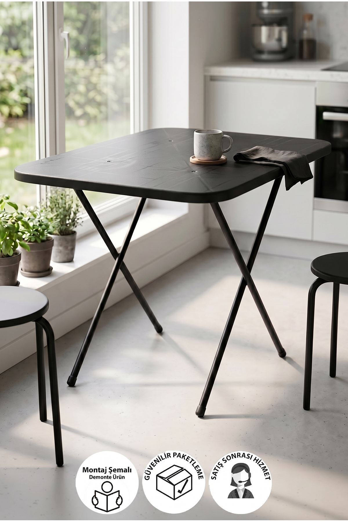 Bofigo Mutfak Masası Katlanır Masa Yemek Masası Balkon Masası GardenFlex Masa 60x80 Cm Siyah