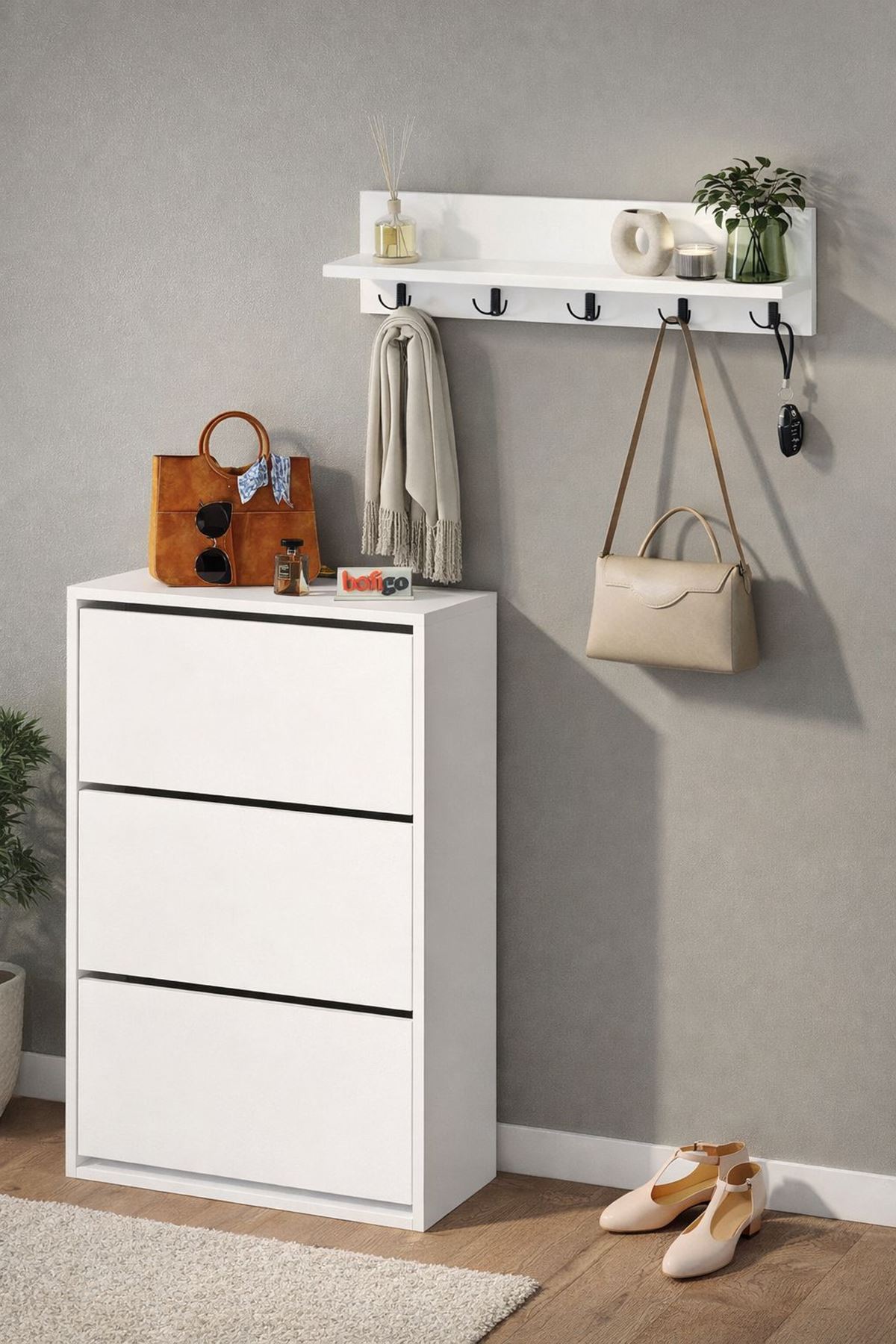 Melek Shoe Cabinet & Vega Wall Hanger Set White