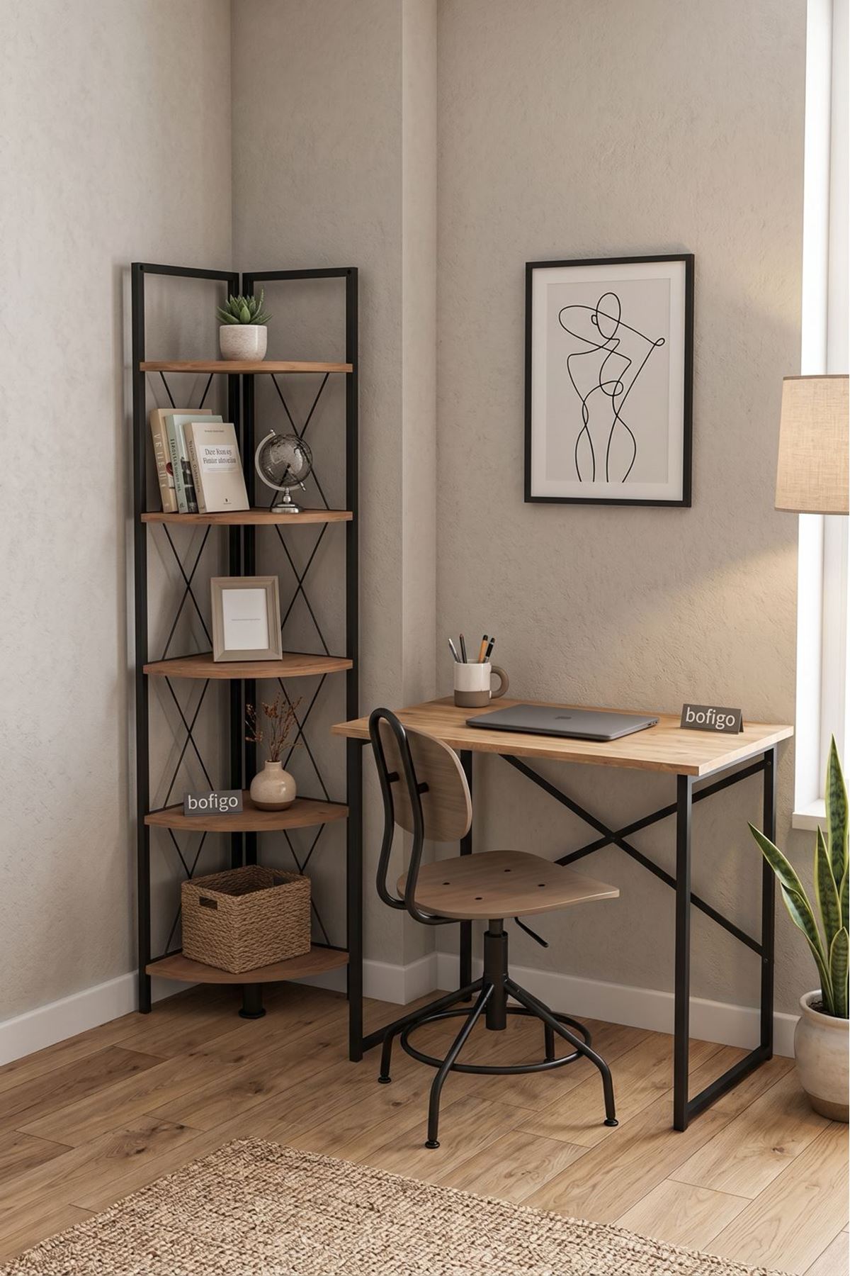 Bofigo Çalışma Masası ve  Kitaplık Seti 60x90 Çalışma Masası Köşe Kitaplık Hugo & Halikarnas Çam