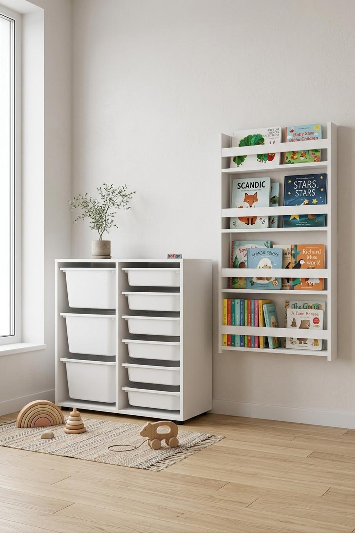 Bofigo Oyuncak Dolabı ve Kitaplık Seti 9 Sepetli Oyuncak Dolabı Duvara Monte Kitaplık Çağla & Montessori Beyaz