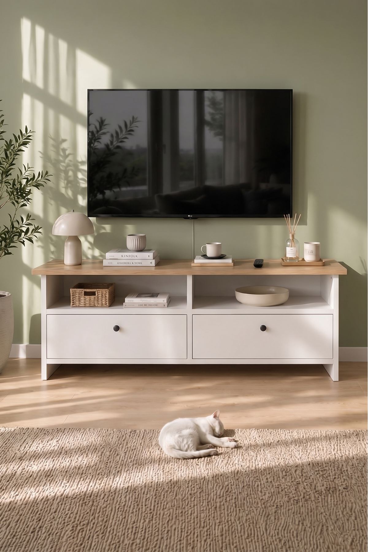Bofigo Tv Sehpası 2 Kapaklı Tv Ünitesi Televizyon Sehpası 120 x 30 Cm Santorini Safir Meşe Beyaz