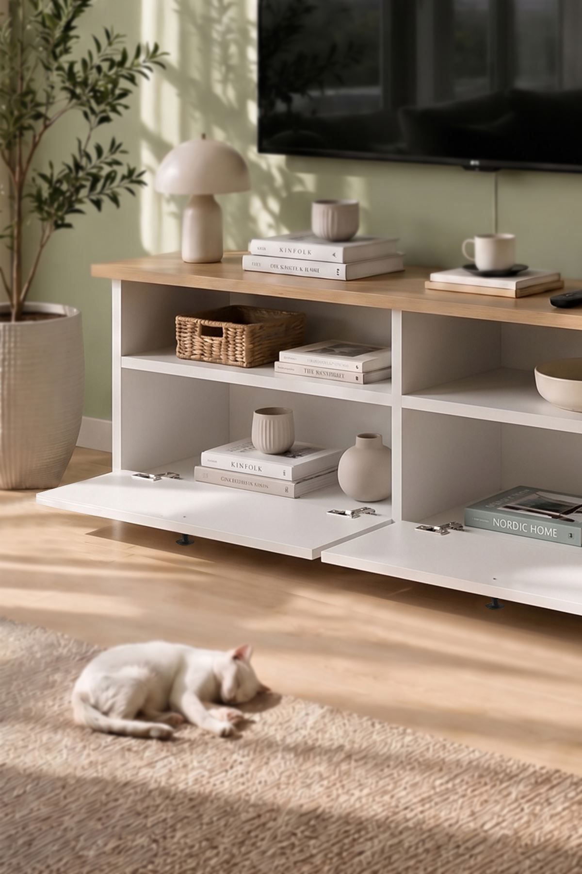 Bofigo Tv Sehpası 2 Kapaklı Tv Ünitesi Televizyon Sehpası 120 x 30 Cm Santorini Safir Meşe Beyaz