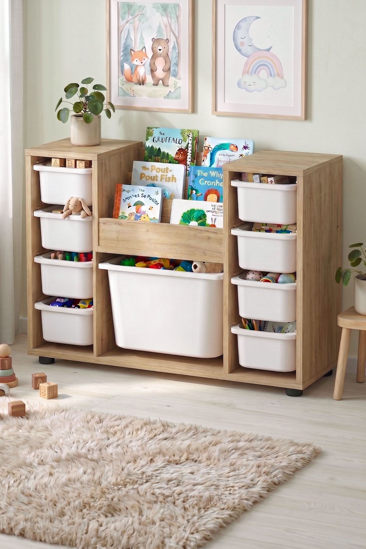 Bofigo 9 Sepetli Dolap Oyuncak Dolabı Çok Amaçlı Dolap Montessori Kitaplıklı Aden Safir Meşe