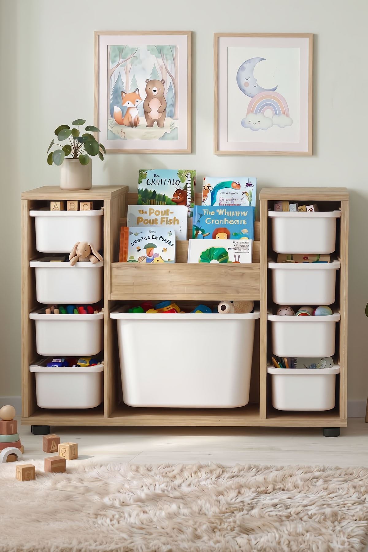 Bofigo 9 Sepetli Dolap Oyuncak Dolabı Çok Amaçlı Dolap Montessori Kitaplıklı Aden Safir Meşe