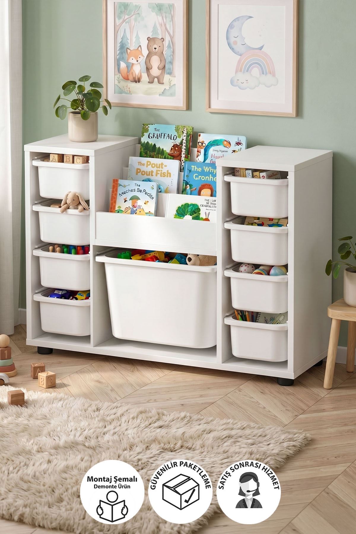 Bofigo 9 Sepetli Dolap Oyuncak Dolabı Çok Amaçlı Dolap Montessori Kitaplıklı Aden Beyaz