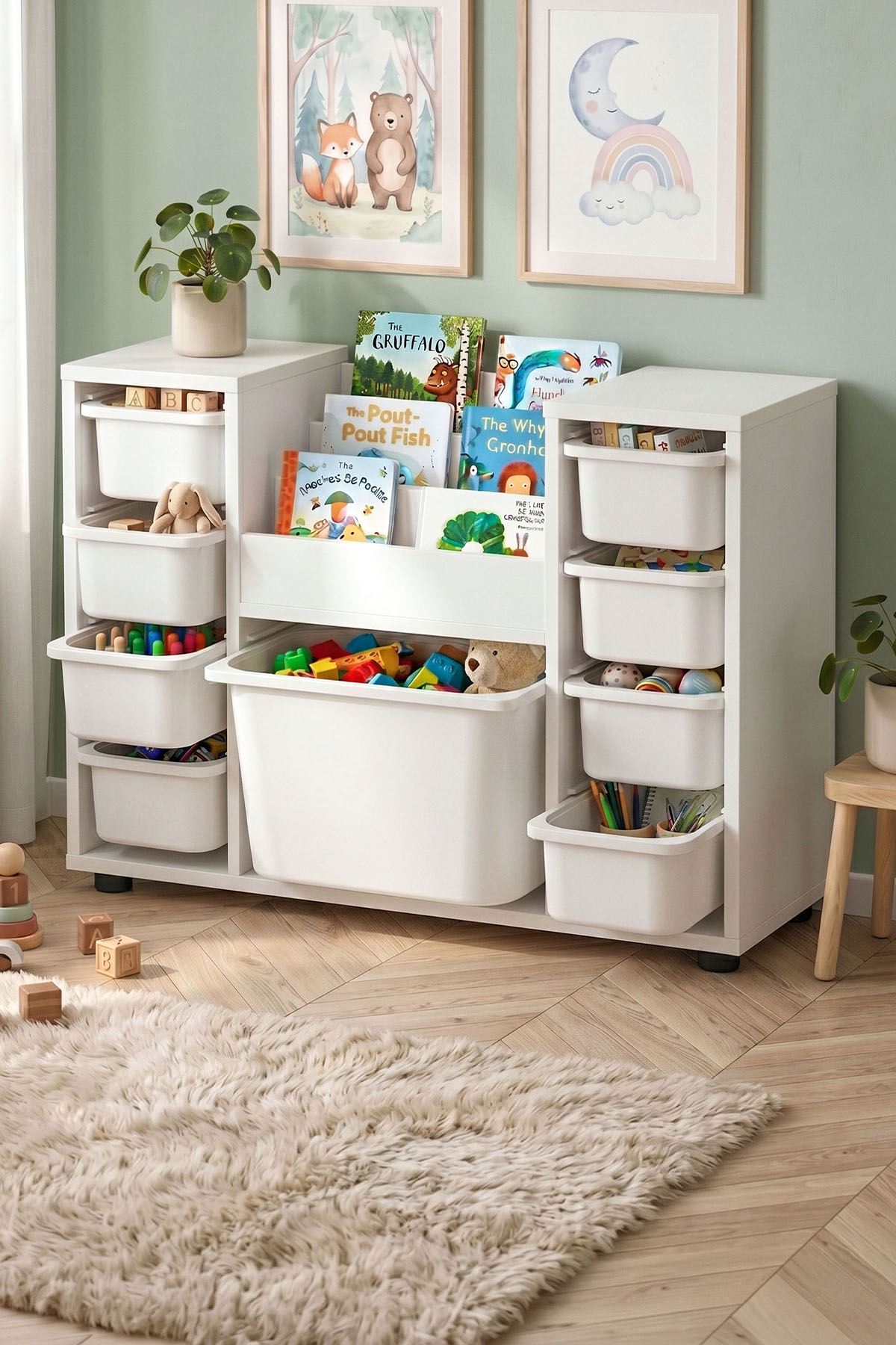 Bofigo 9 Sepetli Dolap Oyuncak Dolabı Çok Amaçlı Dolap Montessori Kitaplıklı Aden Beyaz