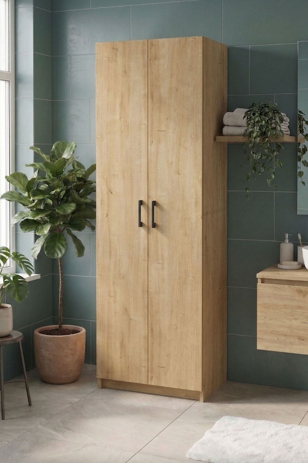Bofigo 2 Kapaklı 6 Bölmeli Çok Amaçlı Dolap Çok Amaçlı Mutfak Dolabı Banyo Dolabı Yasemin Safir Meşe