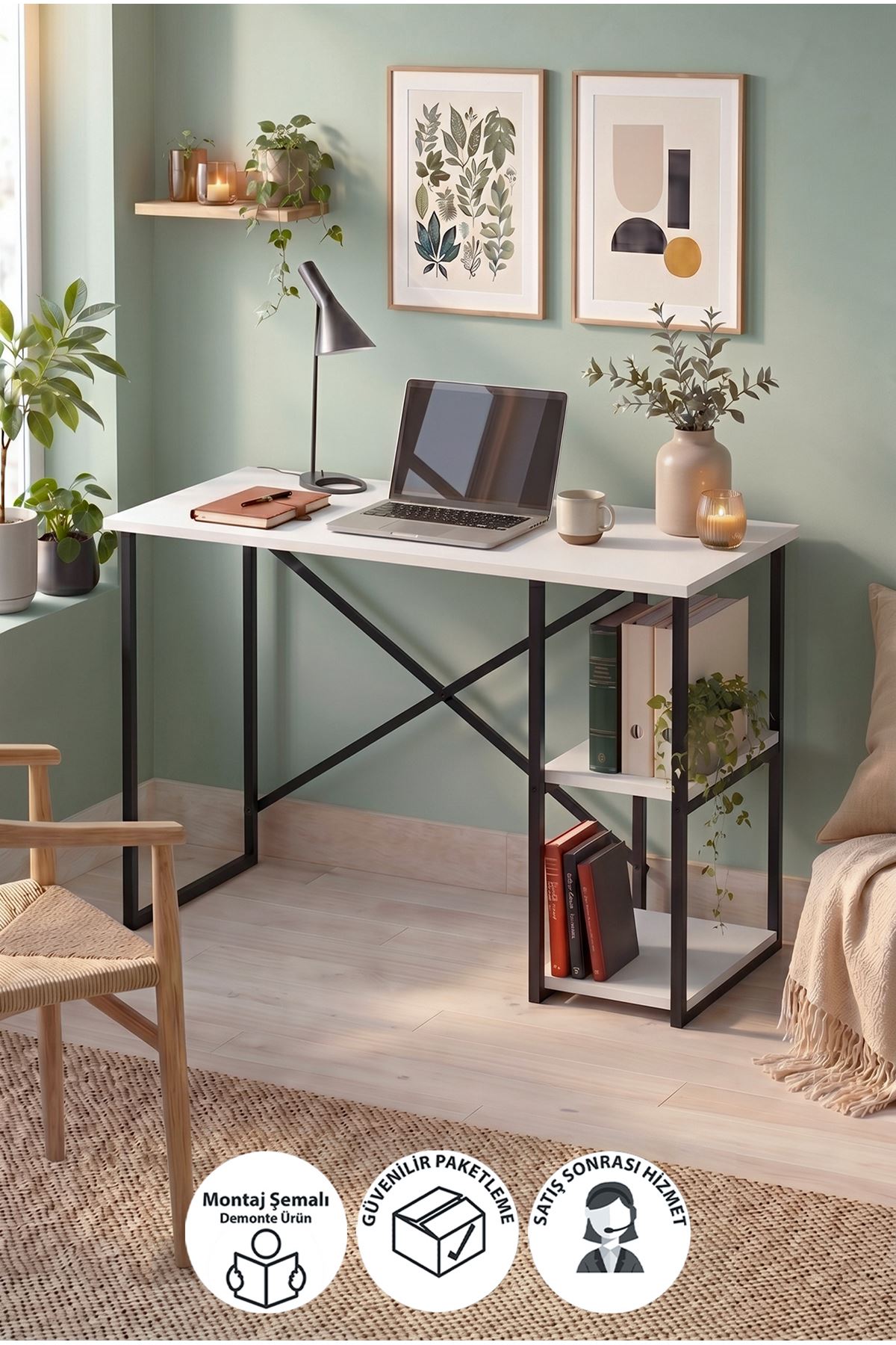 20-23-01 Ümit Study Desk with Side Shelves / Computer Desk - White