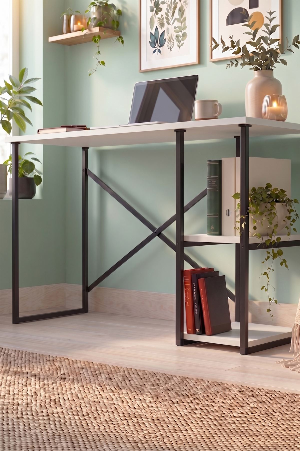 20-23-01 Ümit Study Desk with Side Shelves / Computer Desk - White