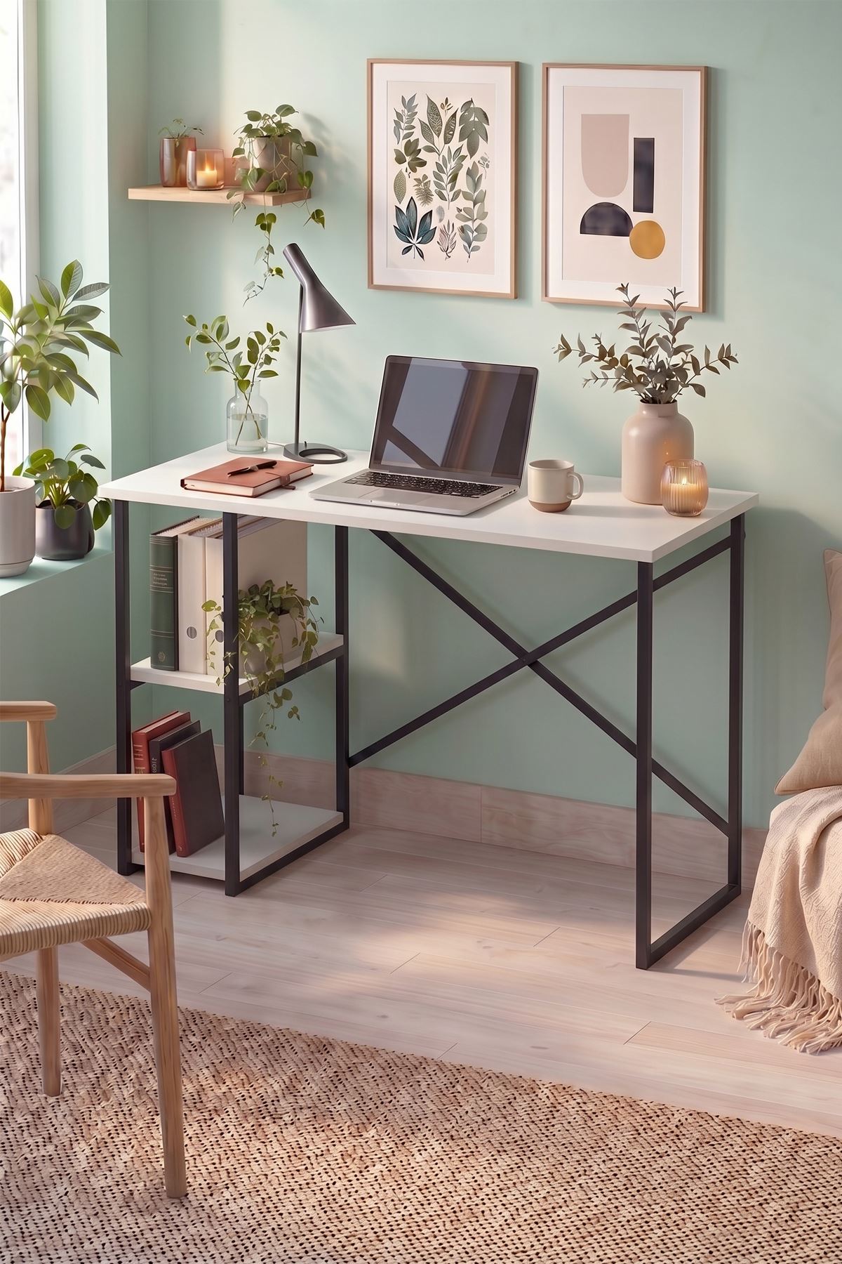 20-23-01 Ümit Study Desk with Side Shelves / Computer Desk - White