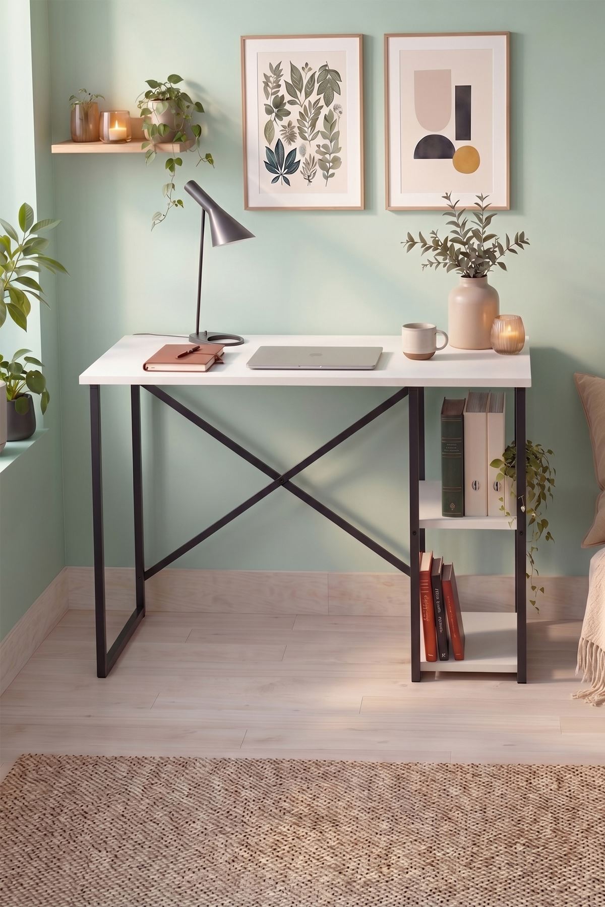 20-23-01 Ümit Study Desk with Side Shelves / Computer Desk - White