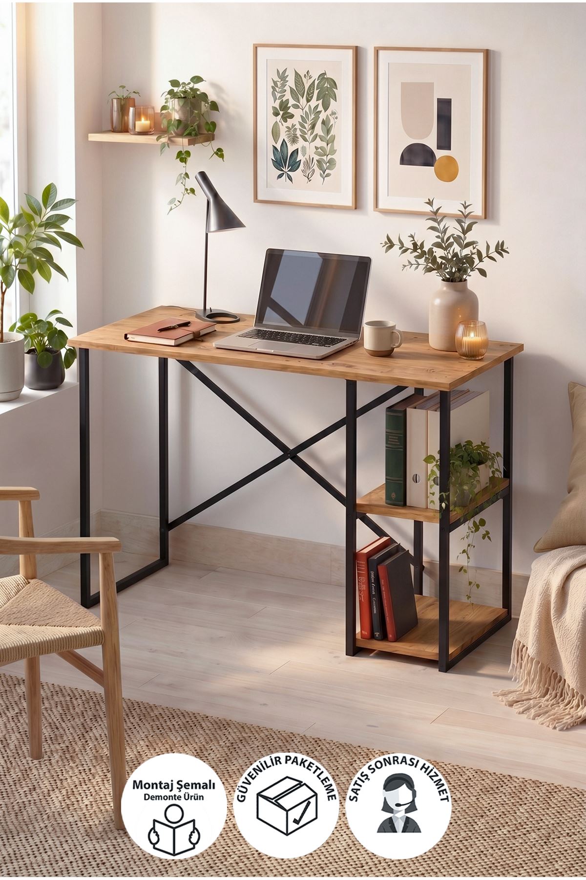 20-23-02 Ümit Study Desk with Side Shelves / Computer Desk - Pine