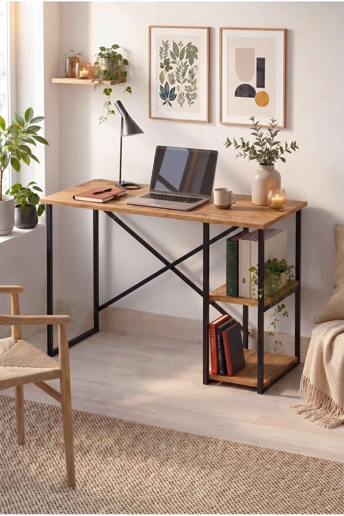 20-23-02 Ümit Study Desk with Side Shelves / Computer Desk - Pine